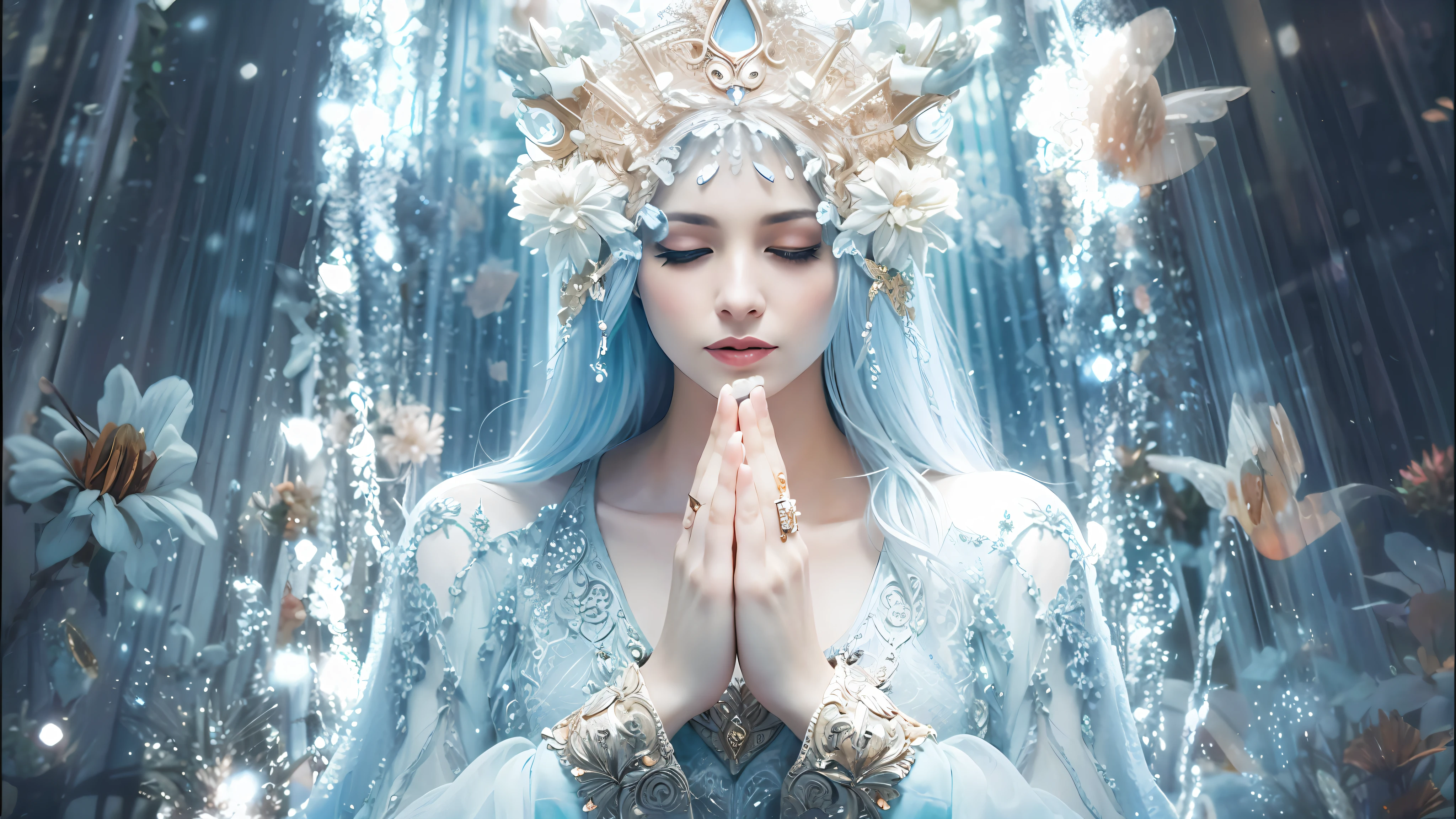 a woman with blue hair and a crown on her head, deusa do inverno, Bruxa Frost Antiga Bonita, ethereal beauty, Fae Sacerdotisa, Ethereal Fantasy, deusa. Detalhes extremamente altos, Rainha do Inverno, rainha do gelo, Sacerdotisa elfa, ((uma bela imperatriz fantasia)), Um retrato impressionante de uma deusa, Deusa da sabedoria, A Alta Sacerdotisa --auto