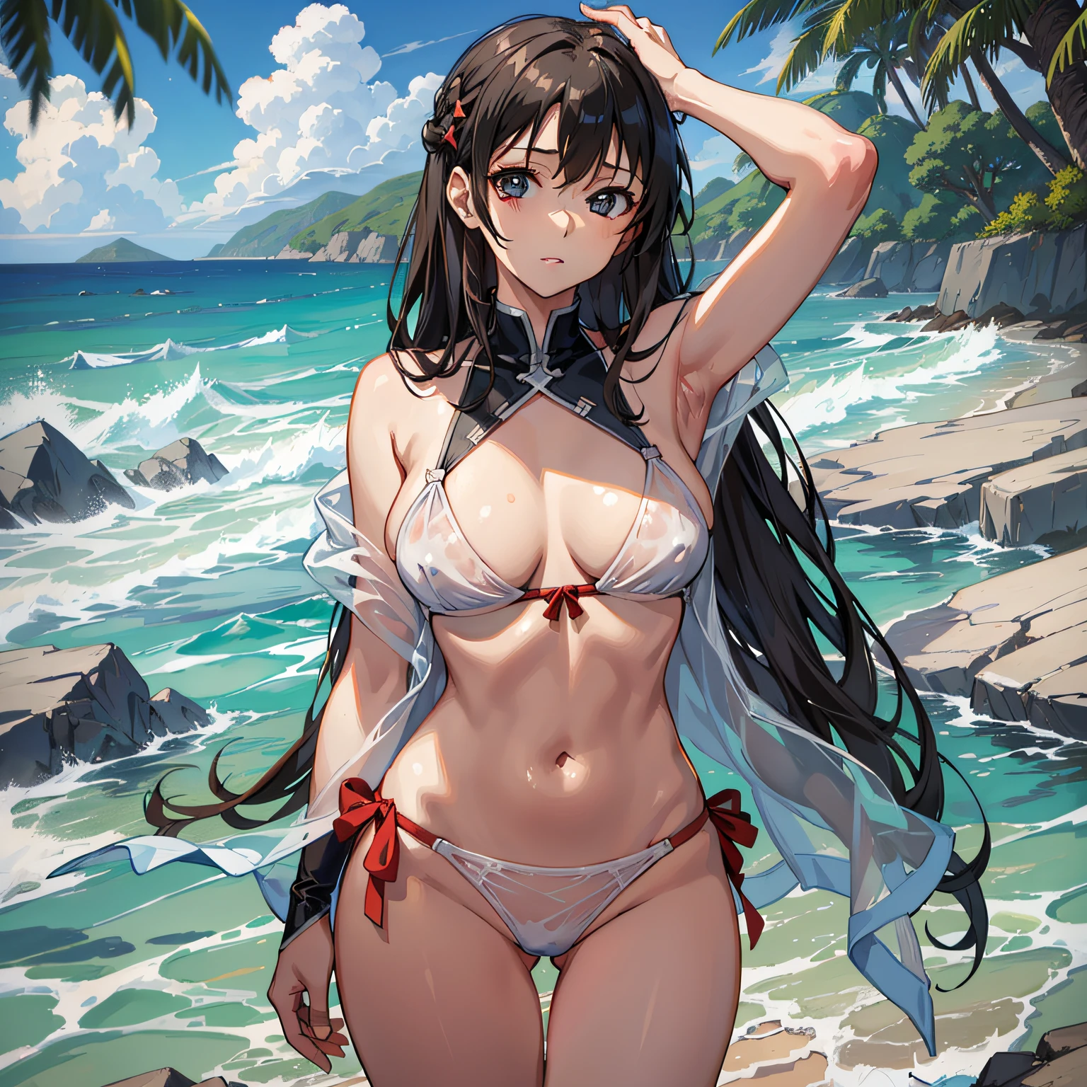 Ganyu\(Genshin Impact\), 1 girl blush, Breasts, Chinese knot, the sleeve, flower knot, , cow horn, long whitr hair, looking at viewert, middlebreast, Neckbells, the night,purpleeyes,, Solo, nipple tassels, ((Masterpiece)) swimwear, sexy swimwear, seaside, beach, ocean