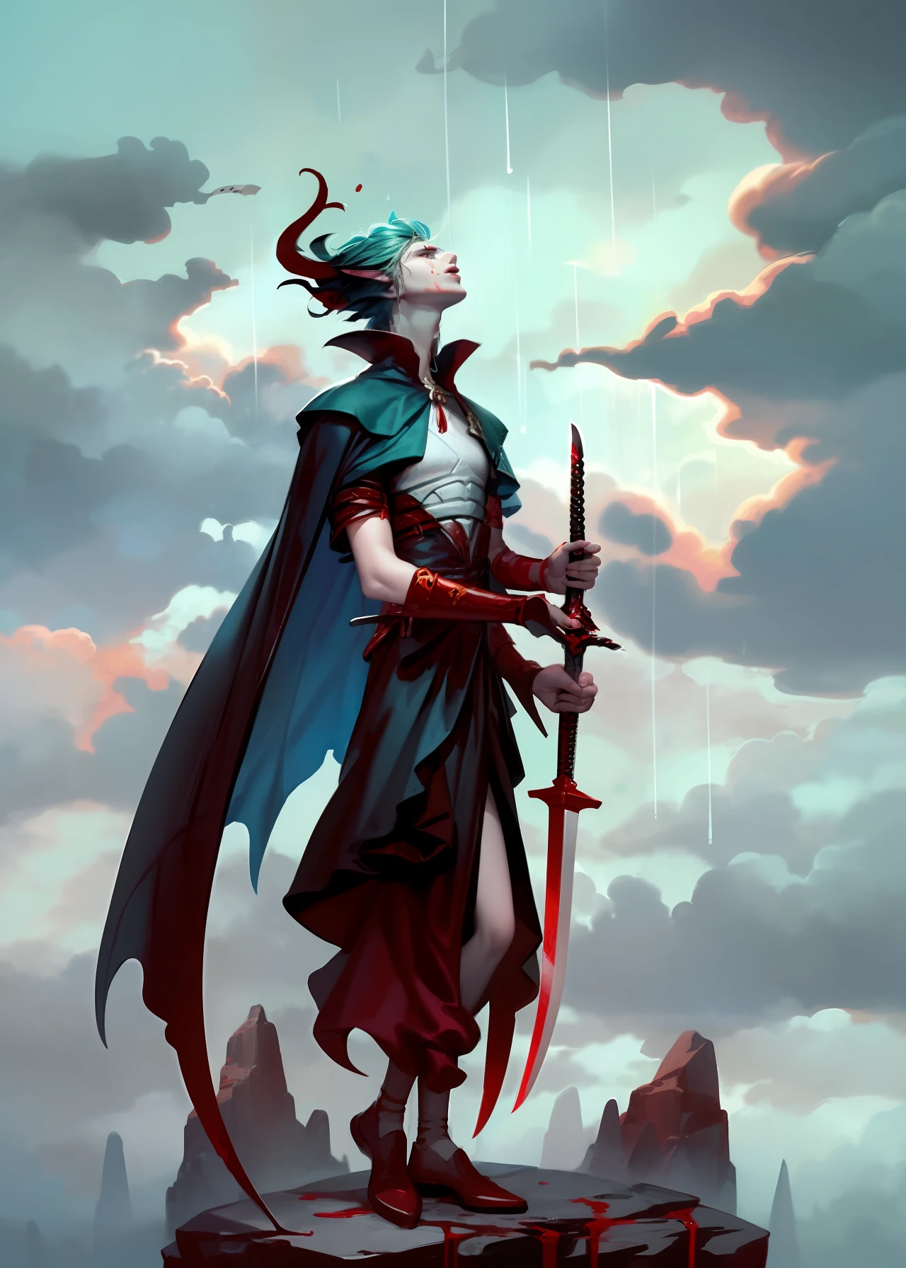 A boy，Hold the Green Dragon Moon Knife in your hand，Stand on a gray cliff，Look up at the sky，Watch the rain of blood that keeps falling from the clouds，Fine