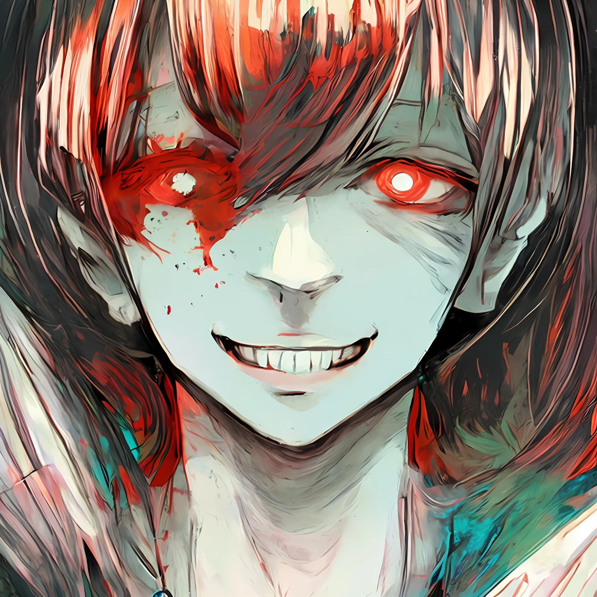 tmasterpiece,Scary scary girl,Black and red color scheme,Eyes all over,crawling on the ground,Crazy smile,red pupils,Wrapped around the eyes,ito junji art,