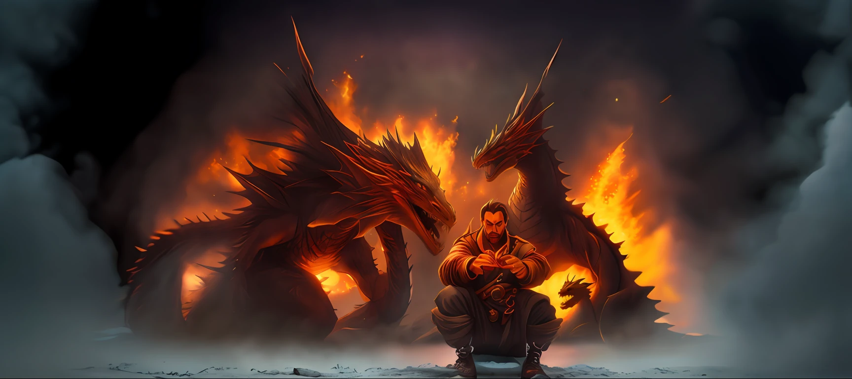 (Il y a un homme assis tenant une manette de jeu devant deux dragons en feu), le tout dans une prison de flammes, masterpiece quality, insane detail, absurdes, hyper photorealistic, UHD, UHD, ultra highres, (photoreallistic:1.4), Art officiel, (8k, Photo brute:1.2)