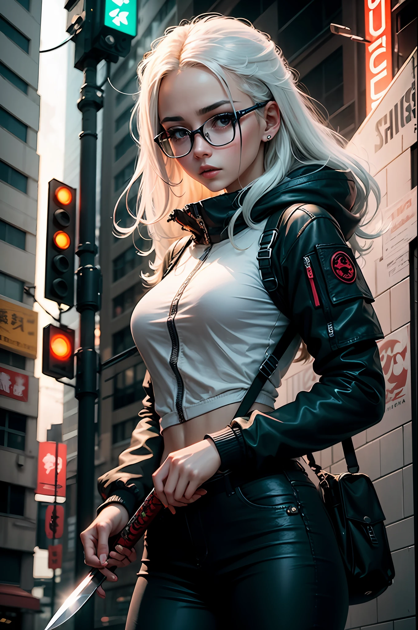 Best quality at best,tmasterpiece,(Fidelity:1.2),1 girl,white color hair,with brown eye,frontage,A detailed face,beautidful eyes,Cyberpunk-city,Futuristic,toyko,teens girl,eye glass,tactical knife,cyber punk perssonage,future-tech,neonlight,城市,Informative,Meticulous details,light and shadow effect,Ray traching,城市,Neon billboard,katana swords,brightened light --auto