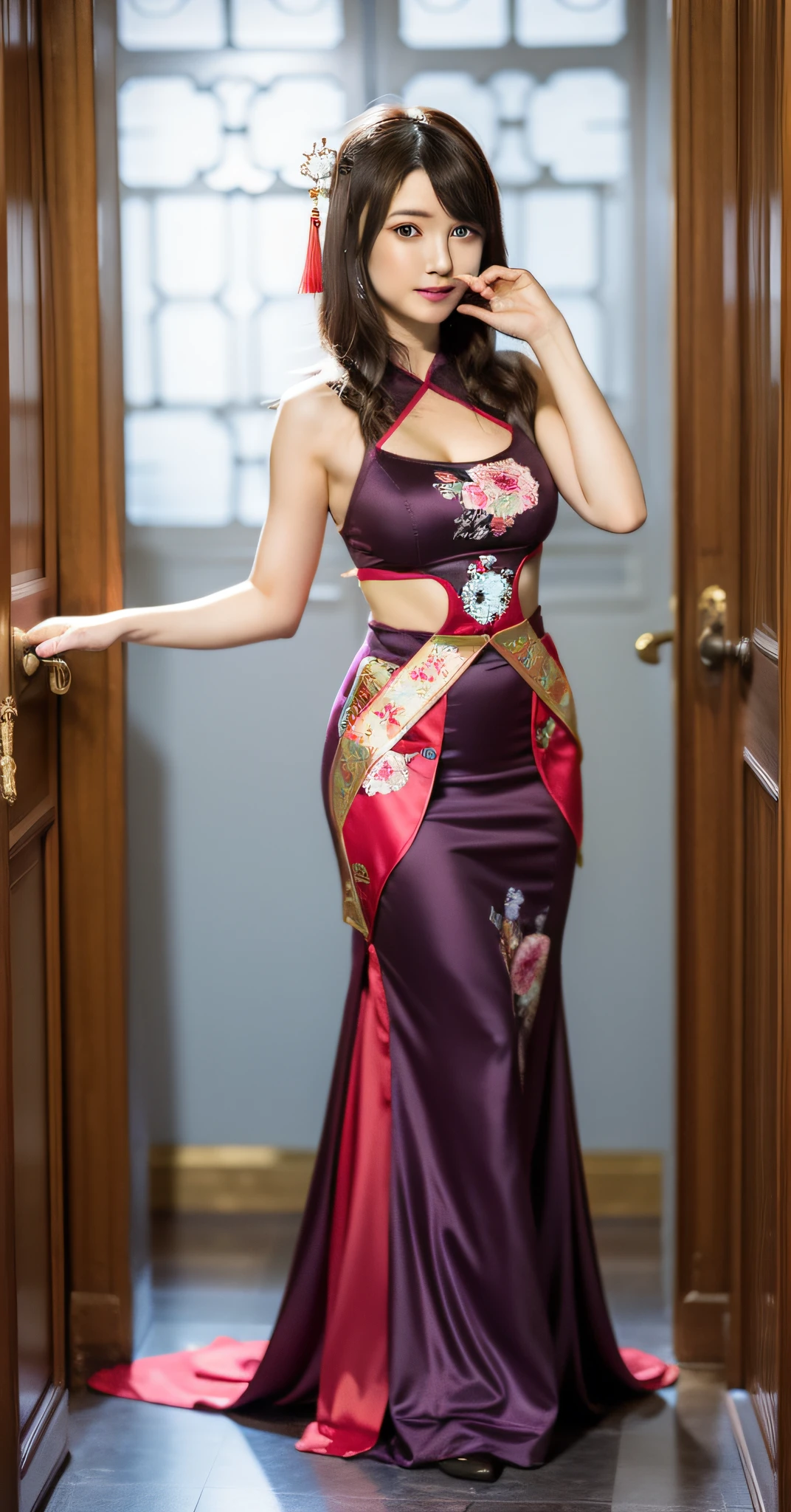 tmasterpiece,Wear a fun Chinese costume,Photorealsitic,1girll,Raised sexy,Hair is tied with headbands on both sides,Royal sister,big breasts beautiful, (Full body)