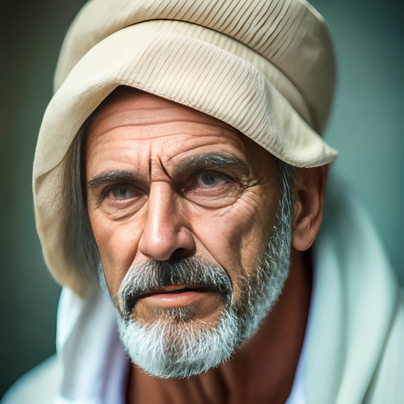 Um retrato de um homem profeta, barbudo, enrugado, envelhecido, com olhos penetrantes, rosto detalhado, detalhes altos, fotografia, luz natural, Nikon D850, 50mm, f/1.4