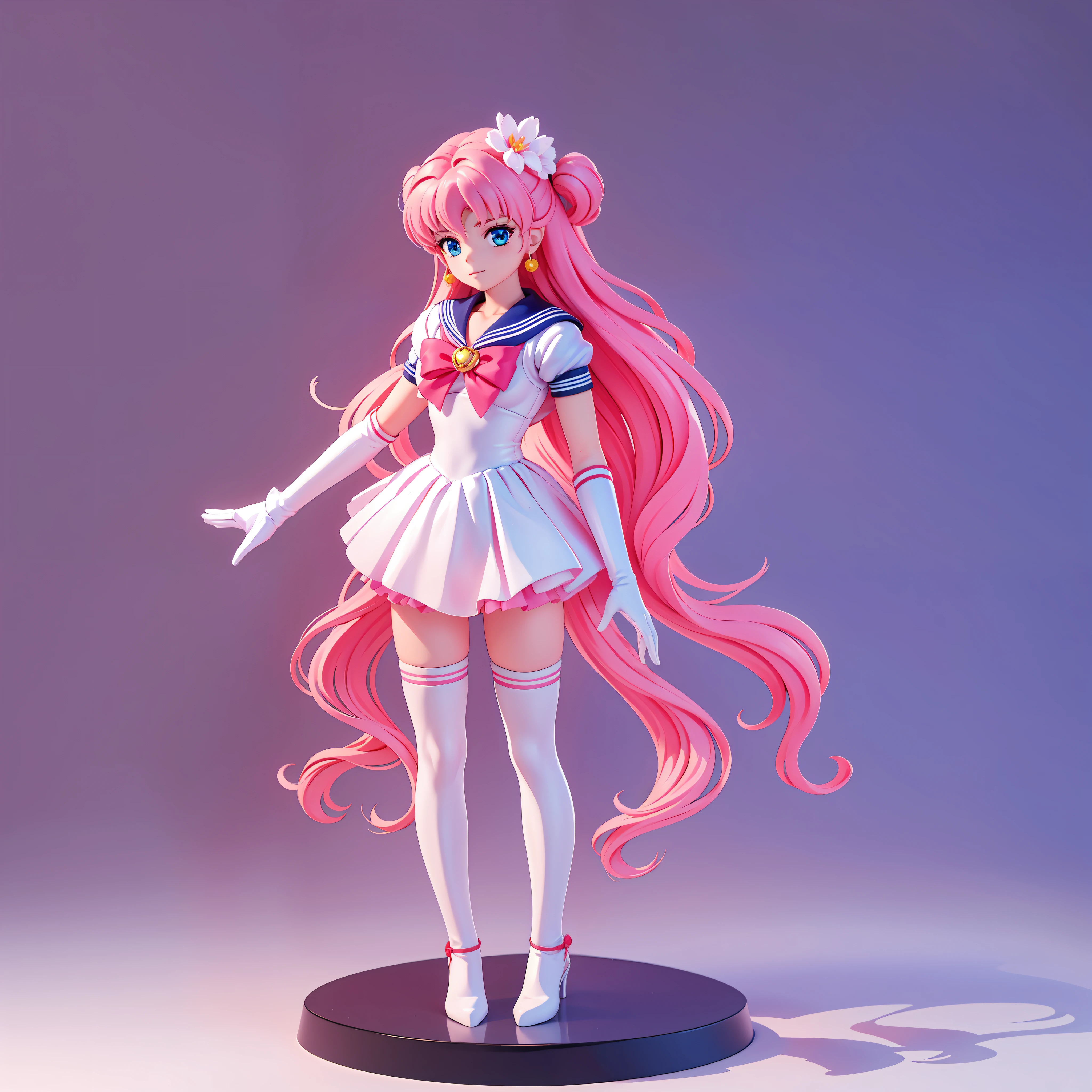 Figure, 3d figurine, intricate details, best quality, masterpiece,long hair, pink hair, flower hair ornaments,wind blown hair, hair framing, absurdres, soft light, thighhighs,simple background,  looking at viewer, hair ornament, blue eyes, pink long hair, bangs, hair between eyes, eternal sailor moon,sailor senshi, detailed face, face focus, shiny skin,white gloves, magical girl,chibi character, full body