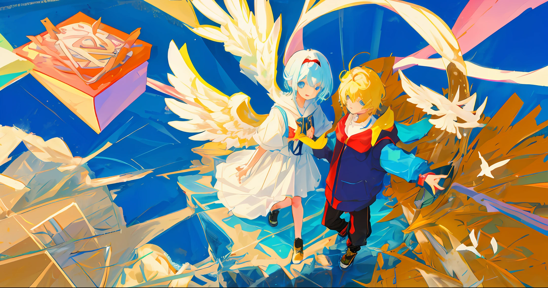 Two beautiful boys with angel wings fall from the sky