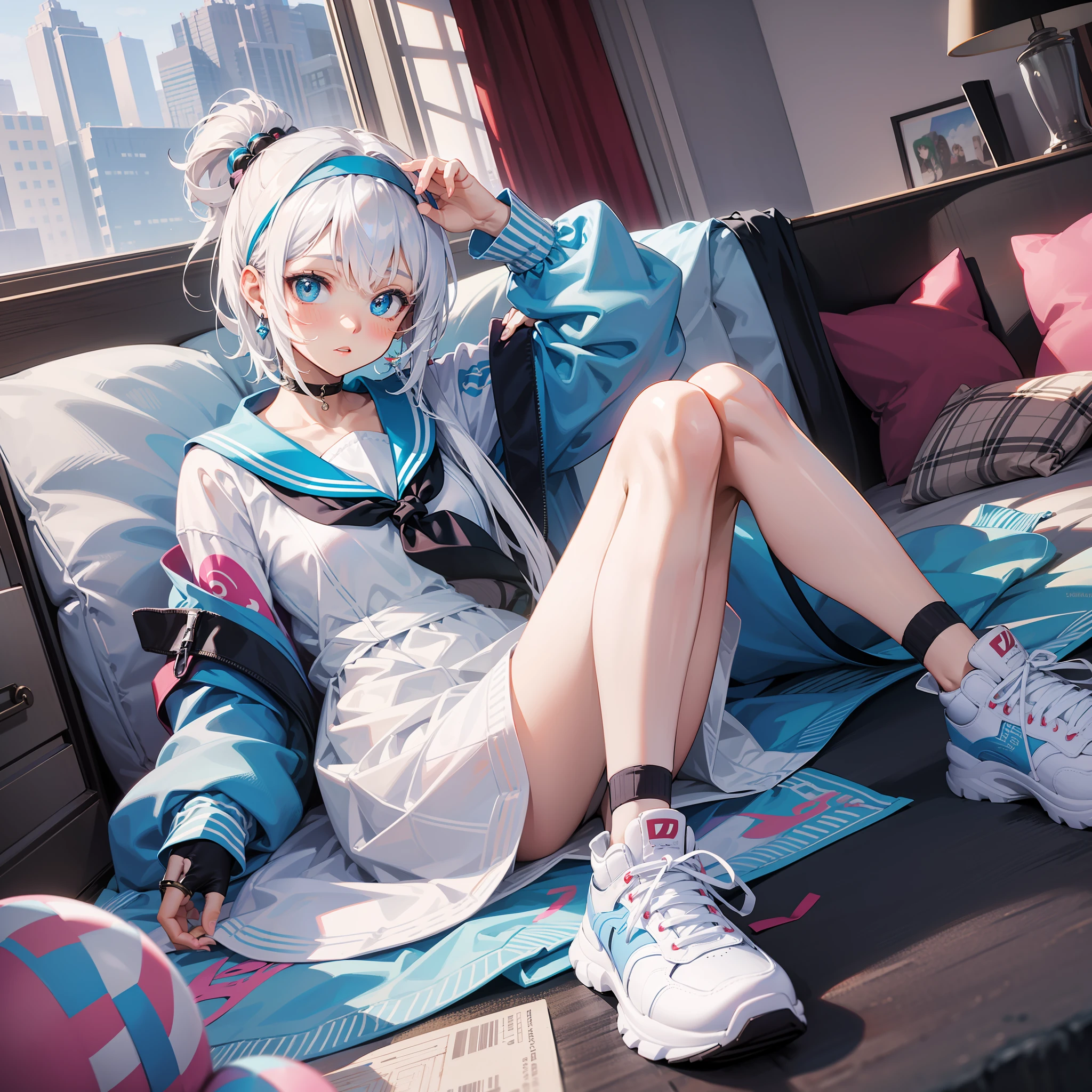 Anime characters with white hair and blue eyes, anime visual of a cute girl, Anime moe art style,Girl with short white hair, Shoujo white hair young anime girl, official character art,Heterochromic pupils，Wear high-top sneakers，White sailor suit，blue accents，red hairband，Lie down in bed，flatchest，Short ponytail hair，White high-top flats in hand，chiquita，fully body photo