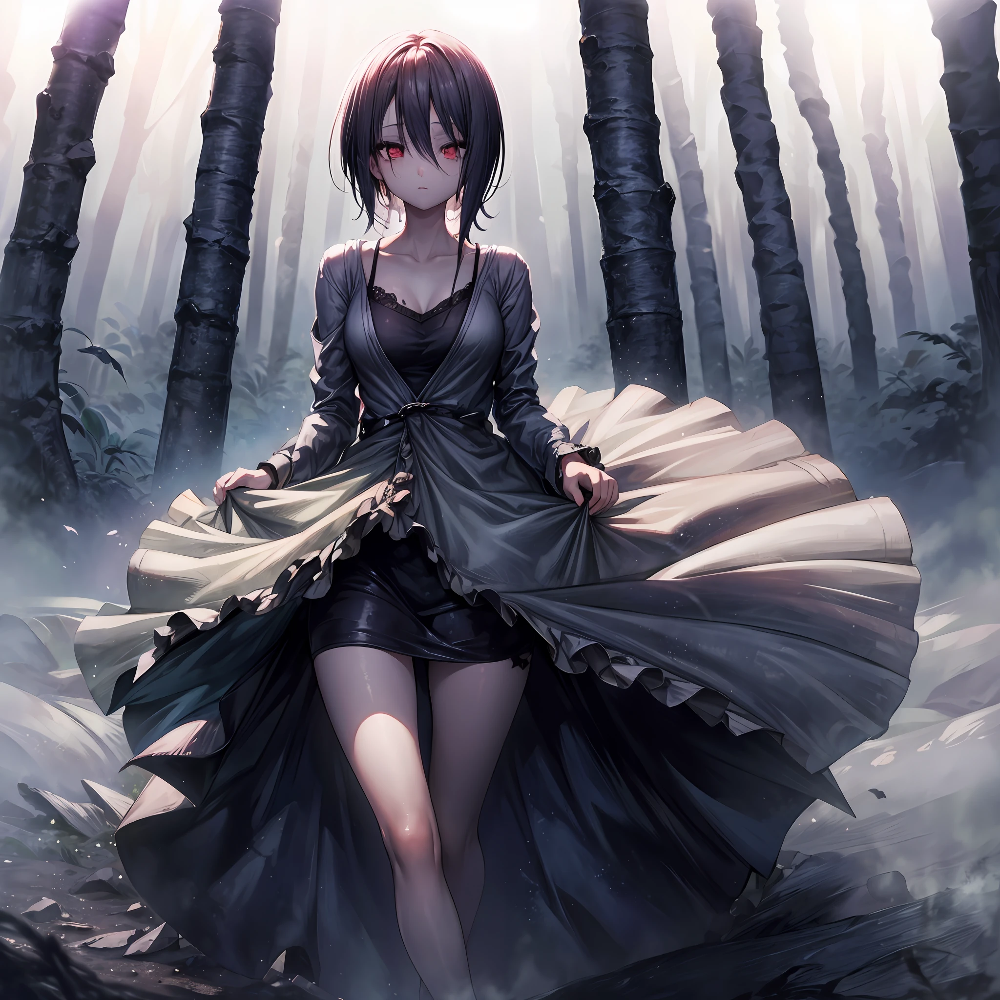 A beautiful girl, full body, horror, broken, twisted, sky, fog, smoke, dust, dark forest, shadow creature, Junji Ito, masterpiece, super high resolution, high quality, movie lighting,