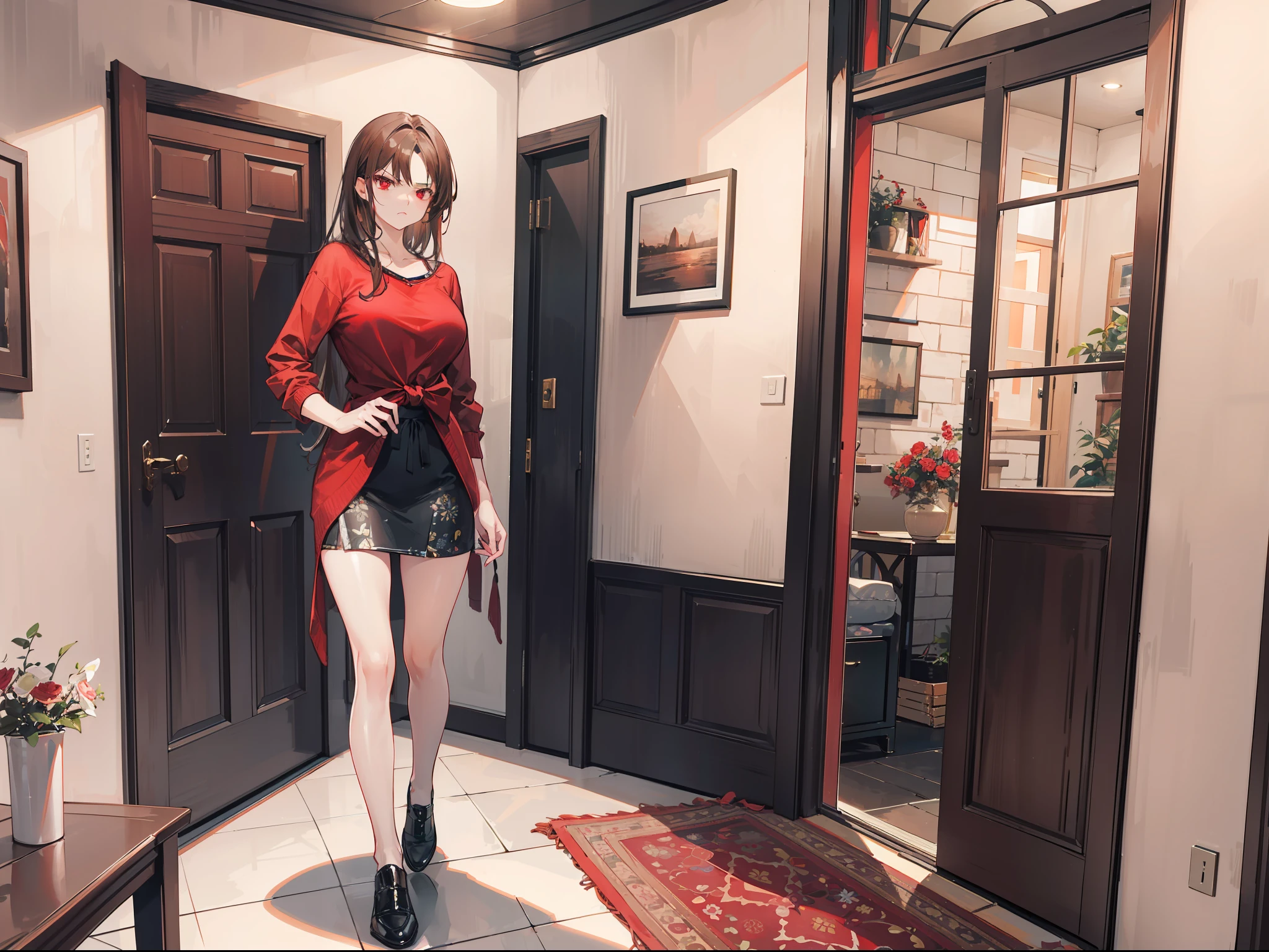 "Warm livingroom, night atmosphere, stunning 4k artwork featuring a confident one milf with long flowing tied brown hair. Her red eyes so charming. She was wearing casual house clothes. She standing before inside door house and looks angry"