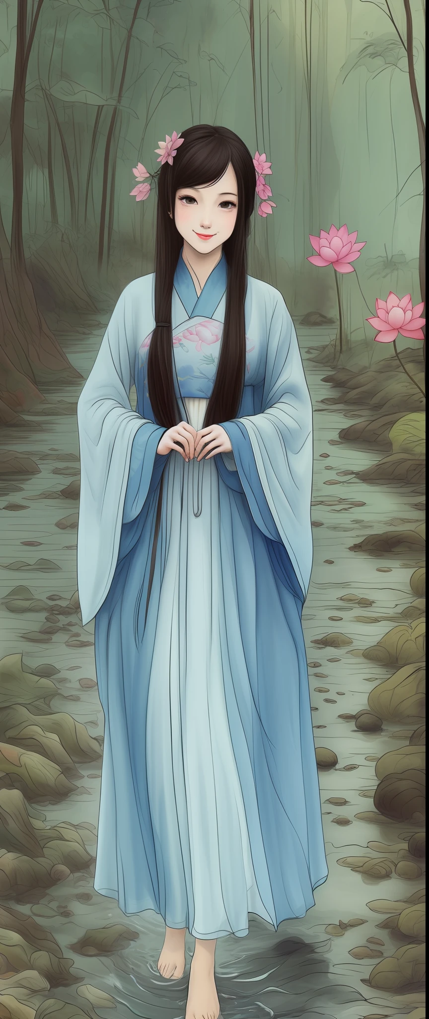 ((4k,masterpiece,best quality)), shuimobysim, traditional chinese ink painting, lotus, hanfu, maxiskit, dress conservatively 1girl, solo, long blue hair, smile, standing, feet in the water, barefoot,