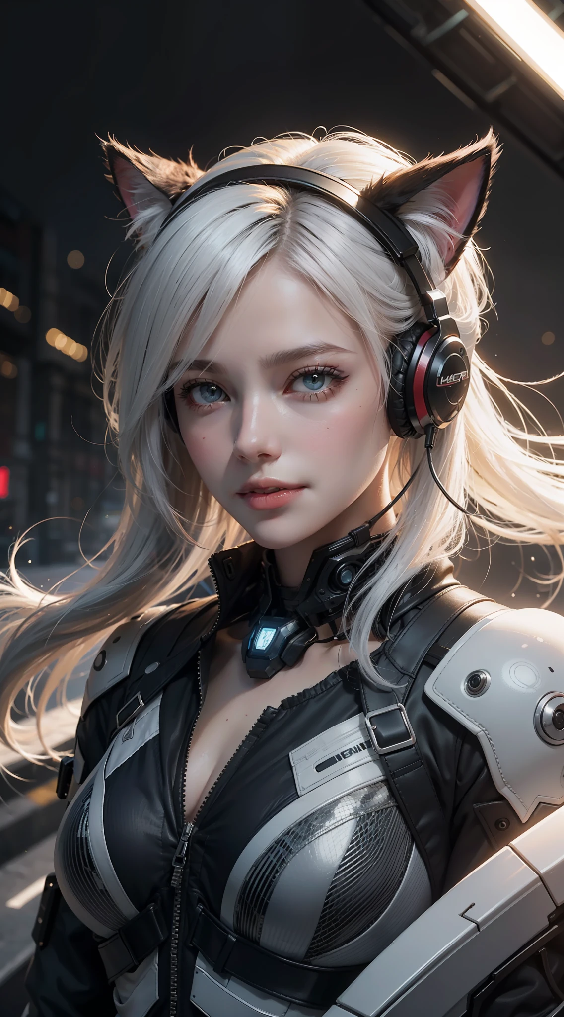 White hair, Floating hair, feathers hair ornament, long eyelasher, Amber eyes, Diamond-shaped pupils, Cat ear headphones, Light smile, surrealism, futurism, Chiaroscuro, Motion blur, color difference, Ray tracing, blend, shadowing, Sparkle, stereograms, hyper HD, Masterpiece, ccurate, Anatomically correct, Textured skin, Super detail, High details, High quality, Best quality, A high resolution, 1080p，cyber punk Girl，Bright shades，Light tones，Wearing a white cyberpunk mech，（cropped shoulders），Bare neck，Expose the collarbone，（Background with：City cyberpunk lights），White and flawless face，White eyes，Realistic eyes，photorealisti