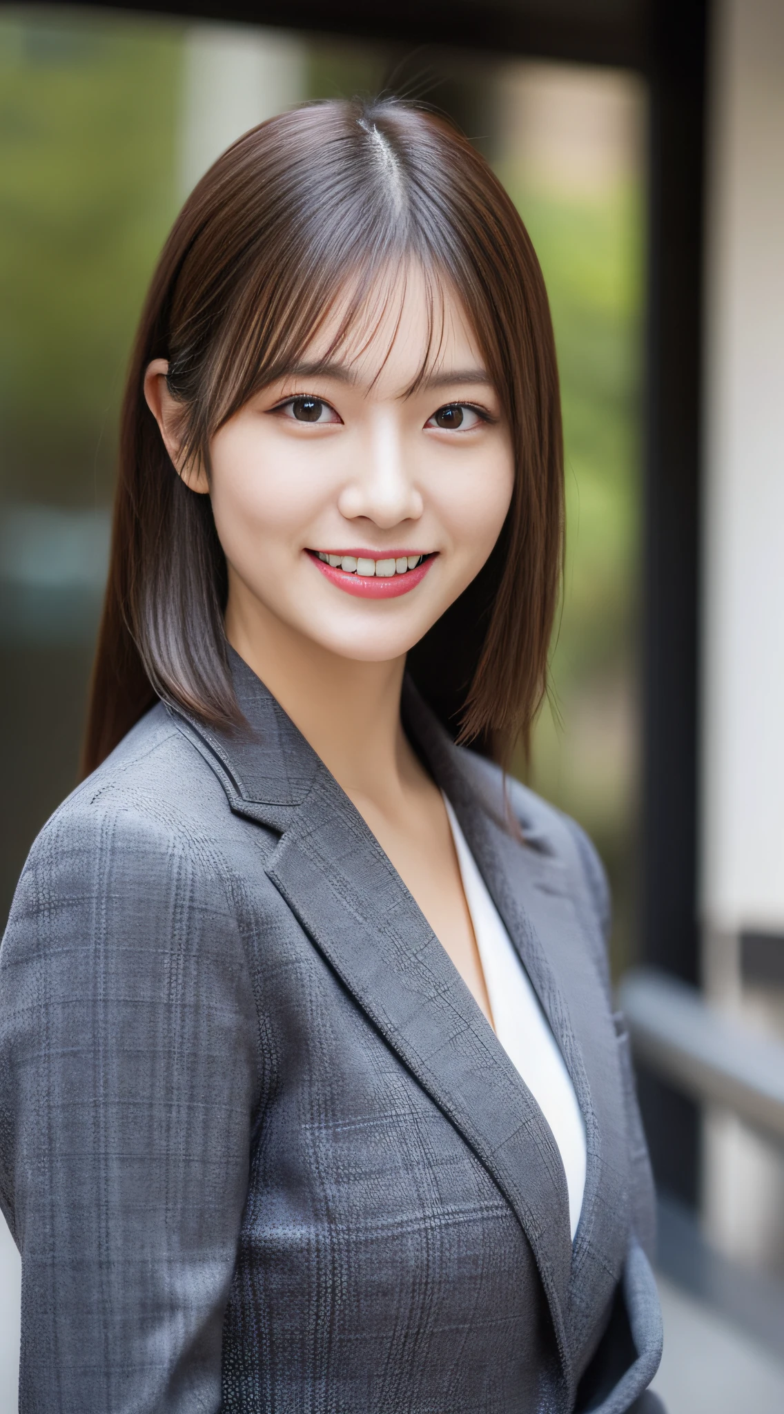 Asian woman in suit posing for one photo, A smile、Girl in a suit, closeup portrait shot, closeup portrait shot,  Wearing a gray business suit, professional closeup photo, full body Esbian、 is wearing  jacket, close up half body shot, Japanese Models, close up portrait photo、细致背景