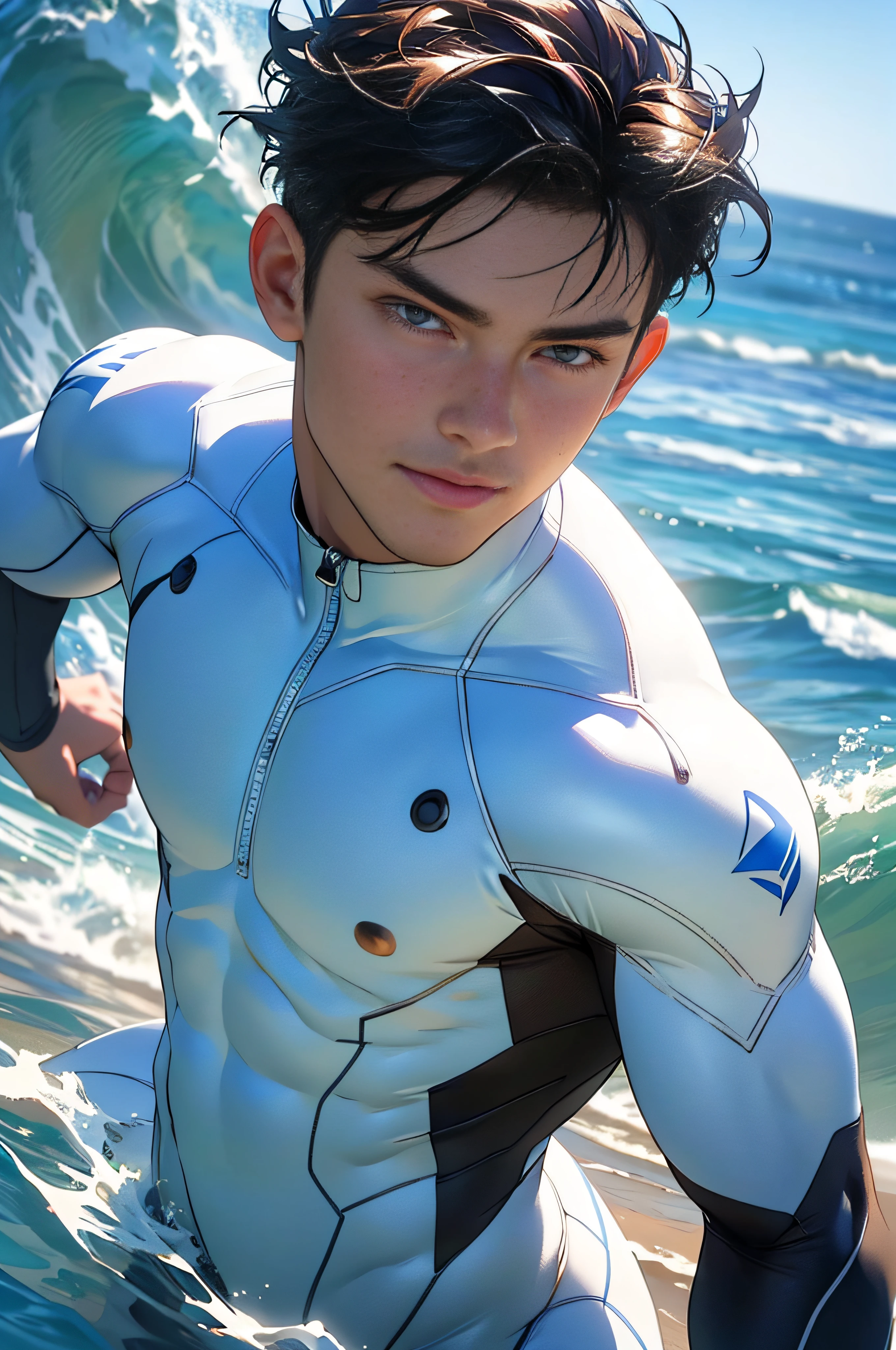 ((masterpiece)), ((best quality:1.2)), High Resolution, 8k, (ultra_realistic:1.3), (photorealistic:1.4), (NSFW), sharp focus, 1boy, short hair, muscular, brown eyes, looking at viewer, white bodysuit, sunlight, sea waves, ocean, surfing, detailed background, cinematic, crystal clear, (global illumination), (subsurface scattering), (area light, soft light)