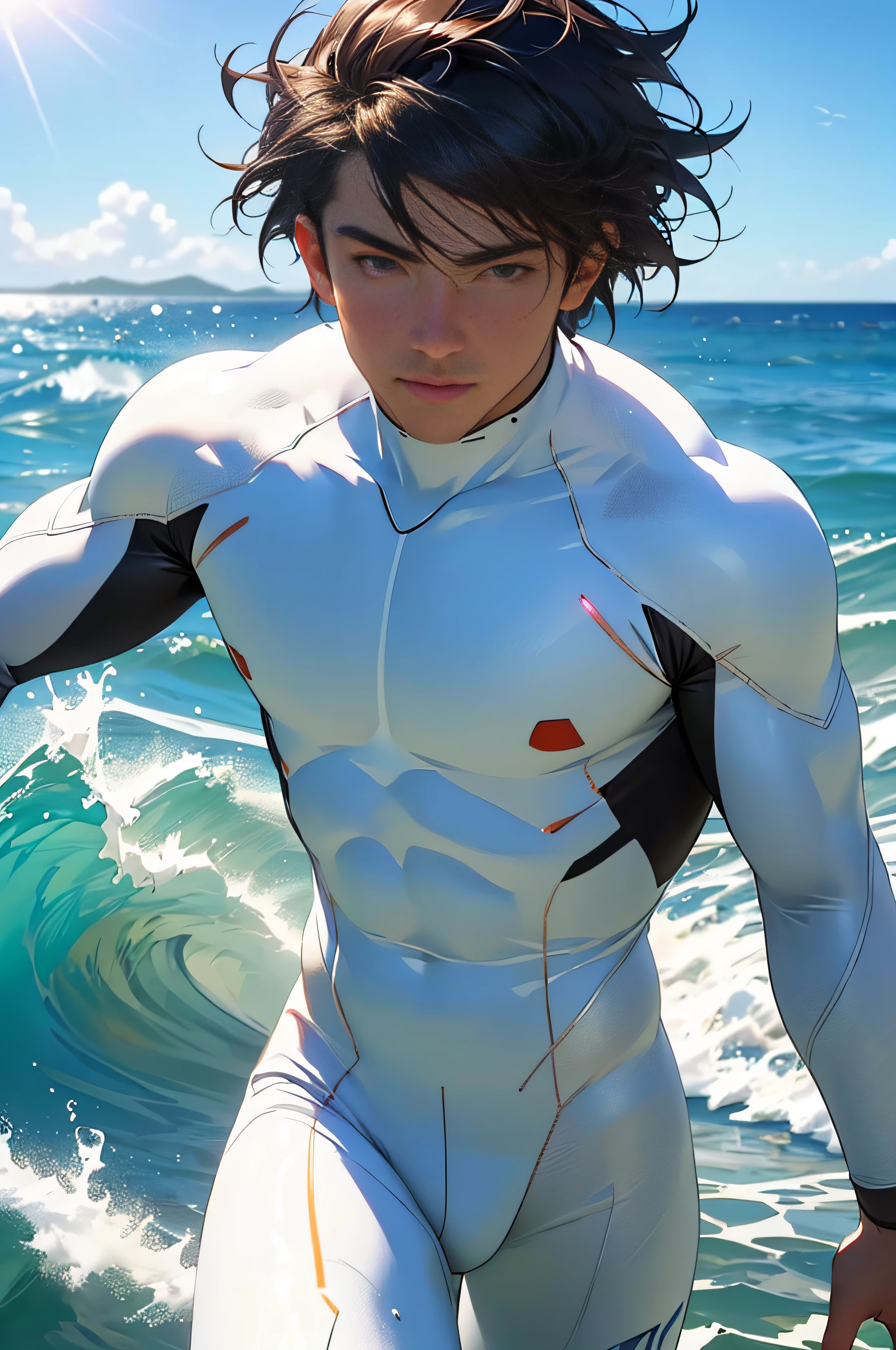 ((masterpiece)), ((best quality:1.2)), High Resolution, 8k, (ultra_realistic:1.3), (photorealistic:1.4), (NSFW), sharp focus, 1boy, short hair, muscular, brown eyes, looking at viewer, white bodysuit, sunlight, sea waves, ocean, surfing, detailed background, cinematic, crystal clear, (global illumination), (subsurface scattering), (area light, soft light)