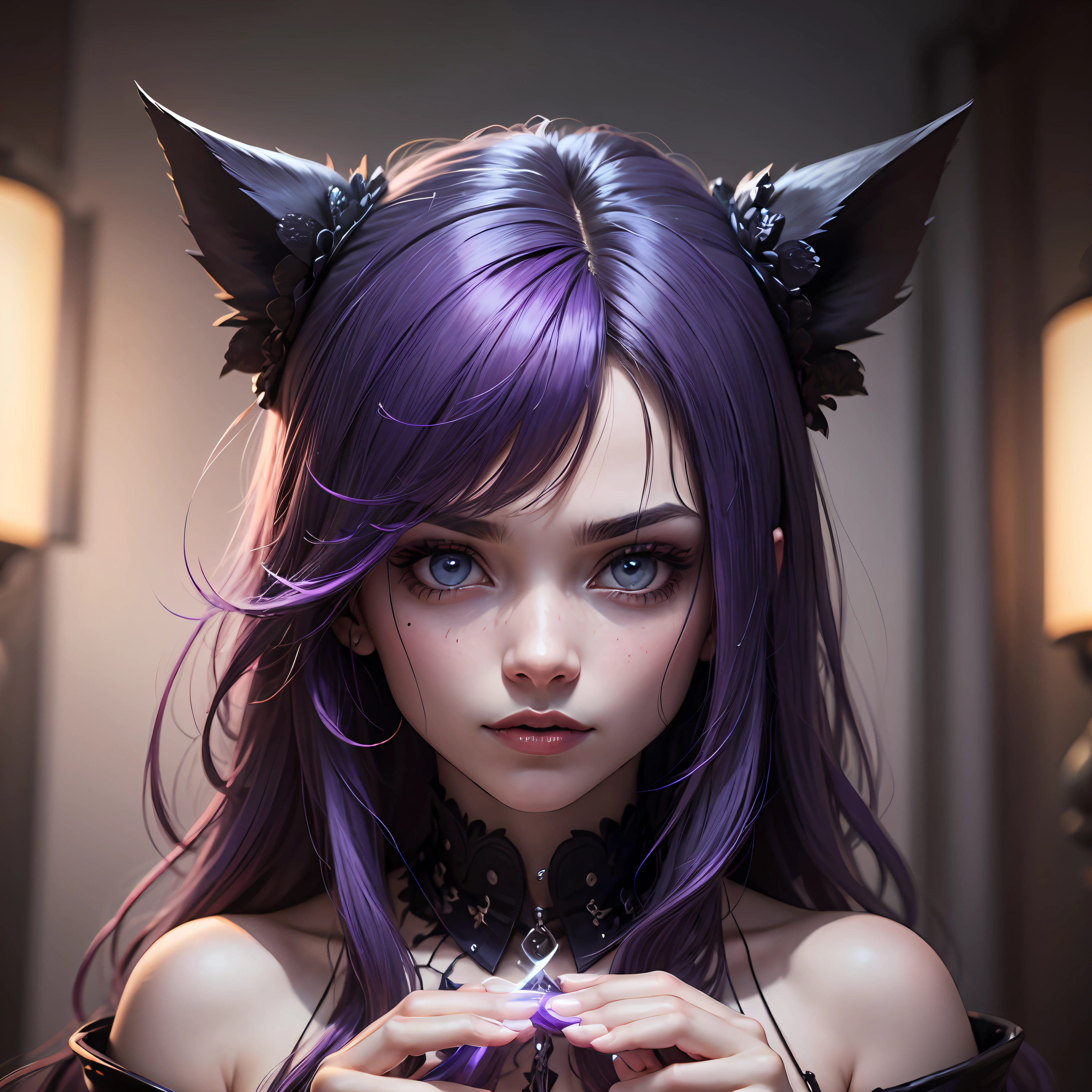 realistico,8k, com tons de roxo na roupa, uma bruxa com cabelos Marrom claro bem detalhado, com olhos roxos brilhosos, rosto bem detalhado, With magic in your hands --auto