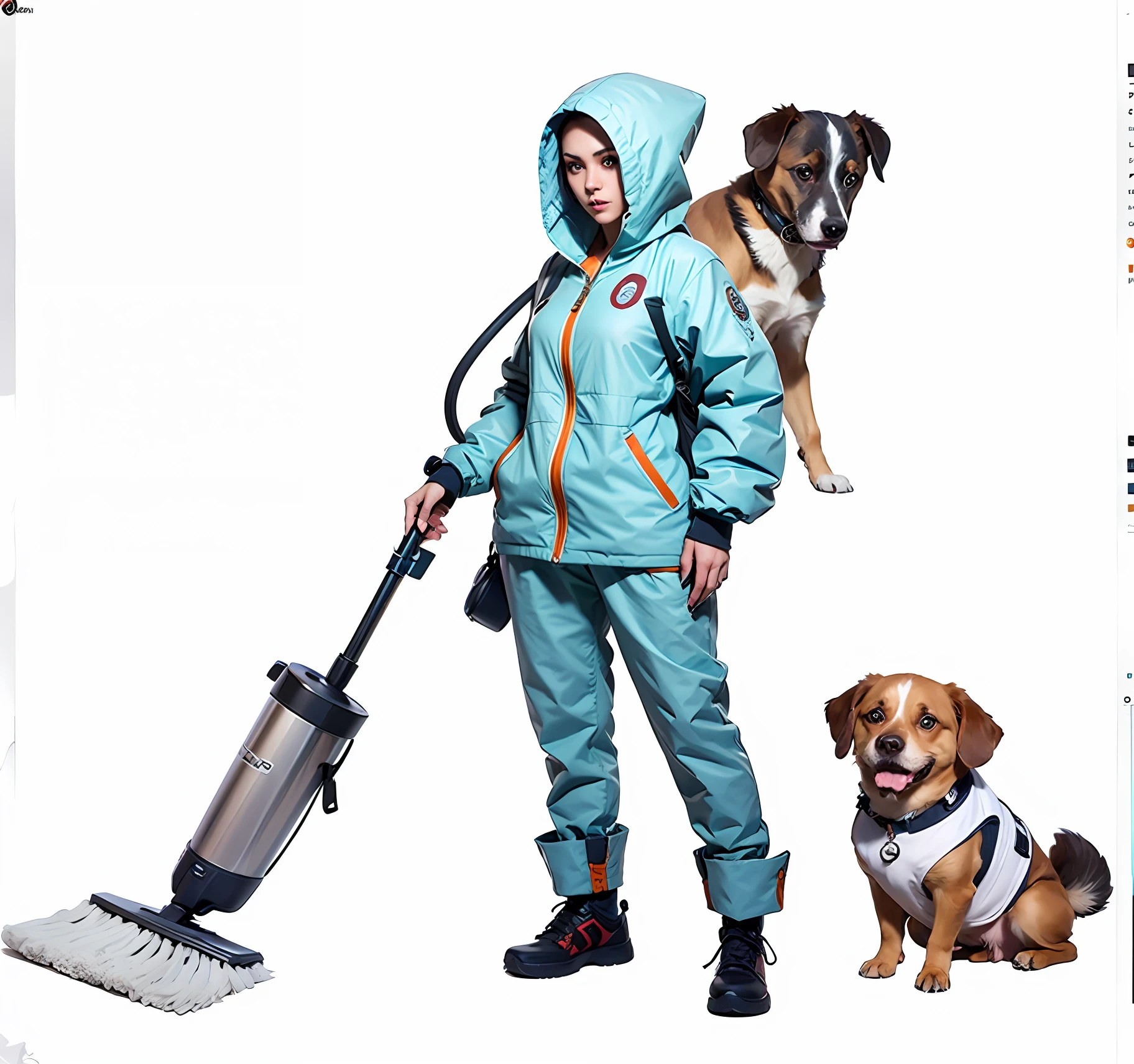 A woman and a dog, anthropomorphic dog cleaning, clean concept art, unrealistic character concept, video game character concept, concept character, concept art for a video game, character design contest winner, character posing for concept art, official character illustration, senior concept artist,(Color illustration),Orange reflective coat,