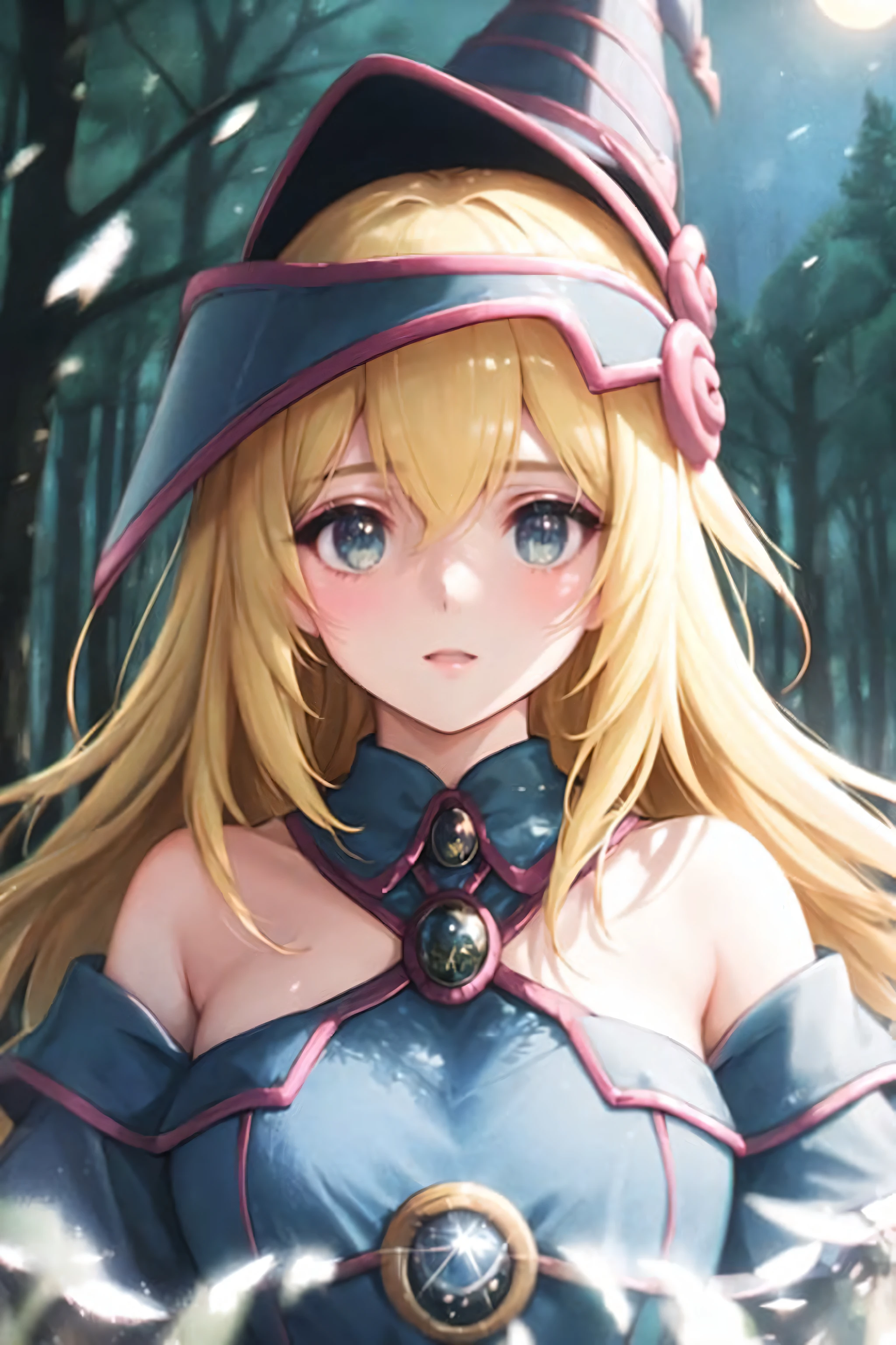 dark magician girl, mksks style, (very detailed background:1.0), (highly detailed background:1.0), masterpiece, best quality, (1girl), solo, (forest), long hair, blonde hair, blue headwear, wizard hat, spell casting, nature, trees:1.2, motion blur, magic, (moonlight:1.2), chromatic aberration, depth of field, soft lighting, highly detailed face, highly detailed eyes,