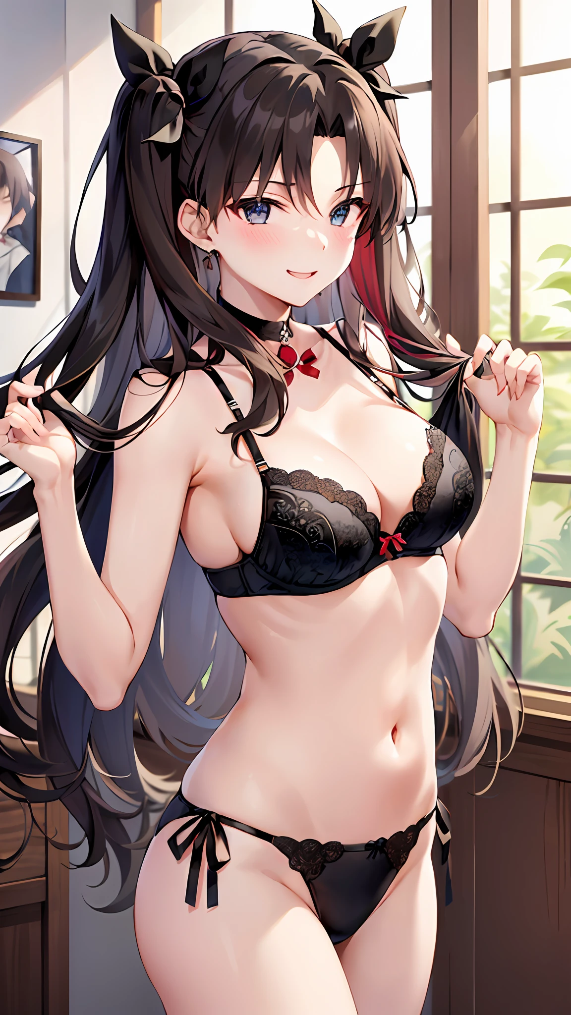 tohsaka-rin、Twin-tailed、long black hair、Moderately breasted、(bra very、pantiy)、(red blush:1)、is standing、耳Nipple Ring、a smile、(A sexy)