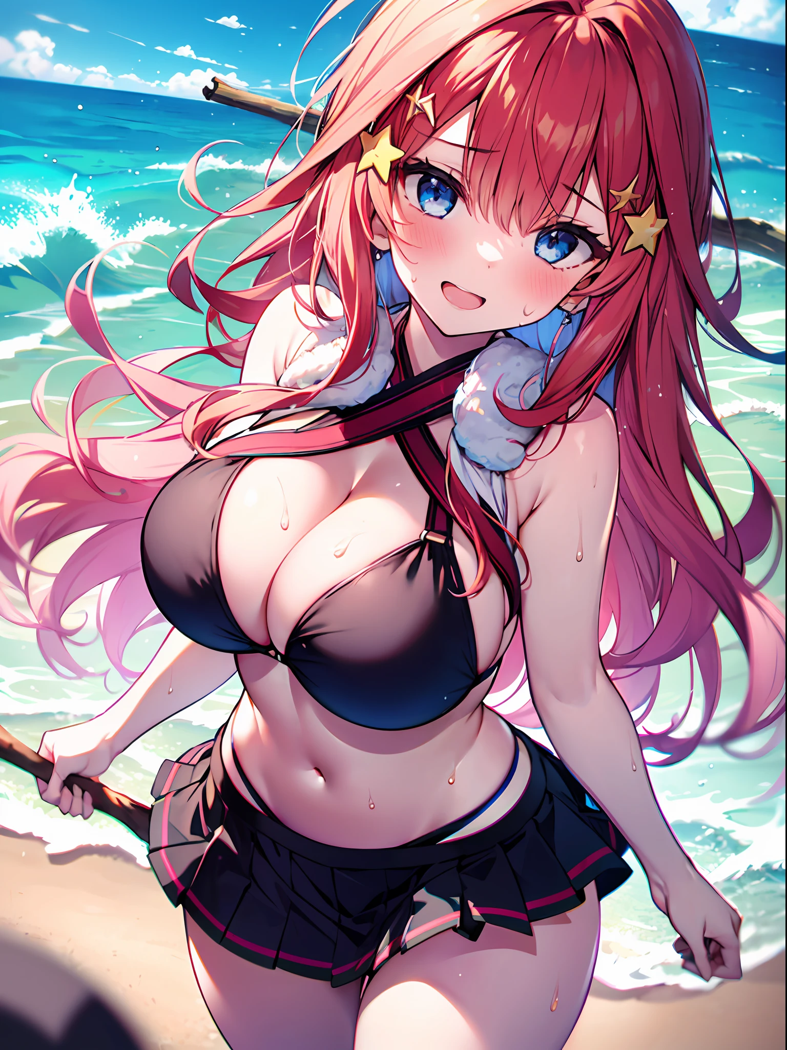 absurdres, highres,
BREAK
looking at viewer, cowboy shot, (from above:1.5)
BREAK
(vivid-color:1.3)
BREAK
(one girl:1.3), (loli:1.2), (nakano itsuki:1.5), red hair, (ahoge:1.5), blue eyes, (upturned eyes, smile:1.2), (yellow star hairclip:1.5), earrings, jewelry, nm1,  hair ribbon, long hair, (black strings bikini, Skirt-style bikini:1.5),　(White fluid on the body:1.4), (thighs:1.3),  (huge breasts, cleavage:1.3), (breasts focus, milk drip on breasts:1.3), (put a stick between one's breasts:1.3), (trouble face:1.3), open mouth, (breast:1.3), round eyes, (milk drip on breasts:1.3), (blowing in the wind:0.5), (sweat around girl, dripping sweat:1.3), squall (wind:1.2), sense of speed, refreshing breeze, motion blur effect, wind
BREAK
background is (beach:1.3), (Stand in the center of the screen:1.3), outdoors, wind
BREAK
sunlight, magnificent view, light particles, dynamic angle, dutch angle, perspective
BREAK
(daytime, sunbeam:1.2), depth of field, bokeh, light leaks, (chromatic aberration:1.2), noon
BREAK
