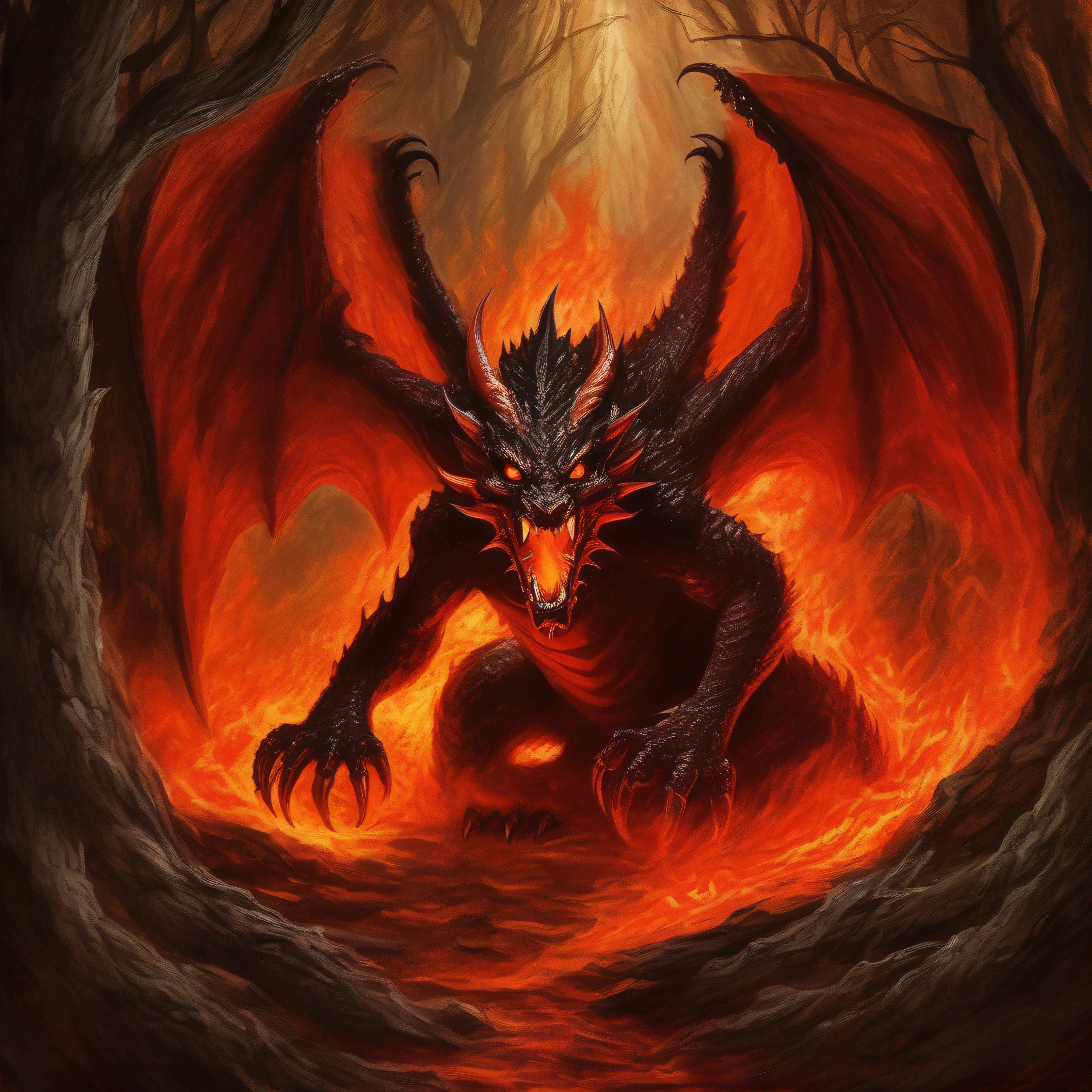 there is a painting of a demon in the woods, the devil in hell as a dragon, ''dragon breathing fire, wolf in hell, fire demon, hellfire background, charging through a dragons lair, fire dragon, an ominous fantasy illustration, smaug, dragon breathing fire, demon, hell background, satan in hell, dragon in the background, molten by Joshua Holford Photography Award Winning detail and flare 8k fz80