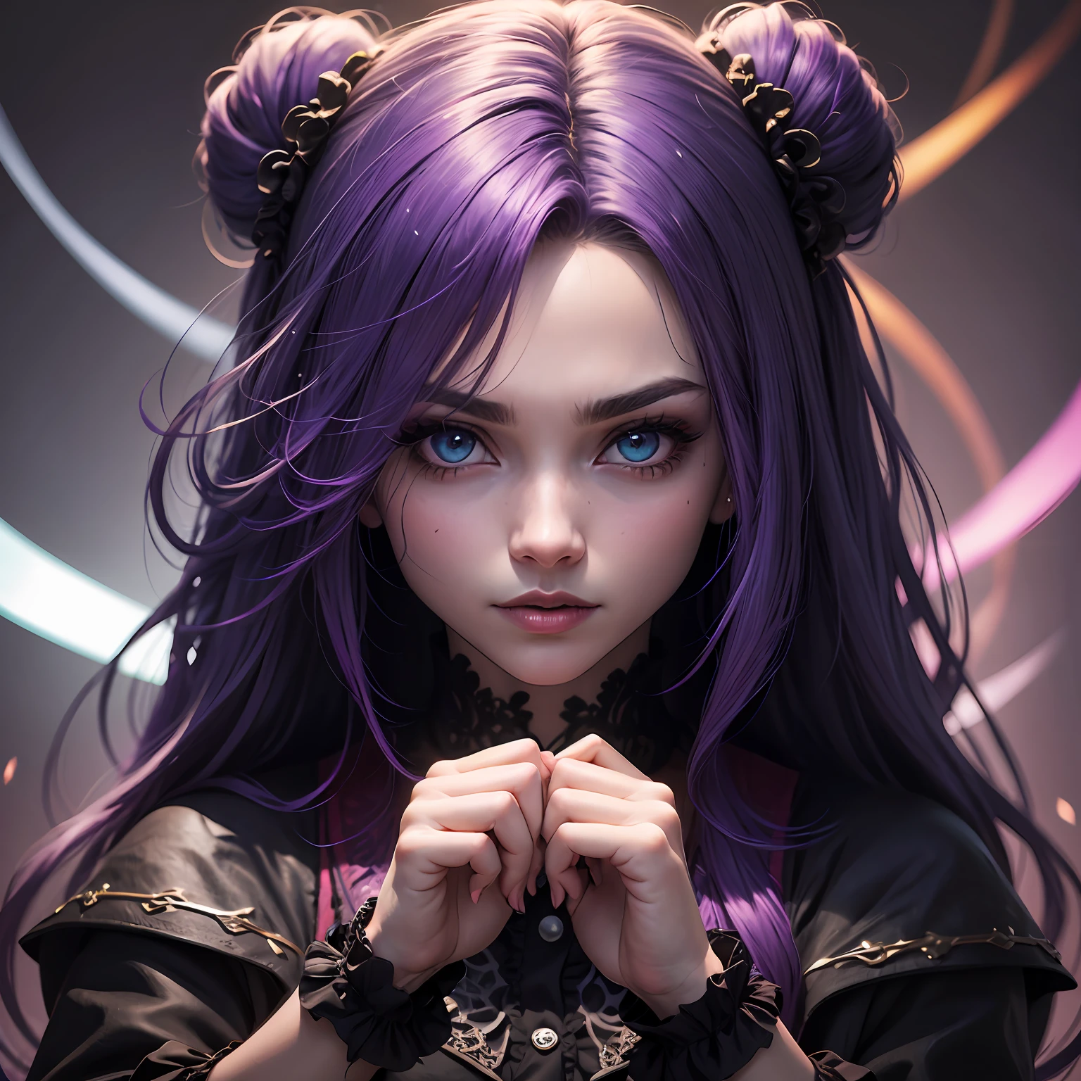 realistico,8k, com tons de roxo na roupa, uma bruxa com cabelos Marrom claro bem detalhado, com olhos roxos brilhosos, rosto bem detalhado, With magic in your hands --auto