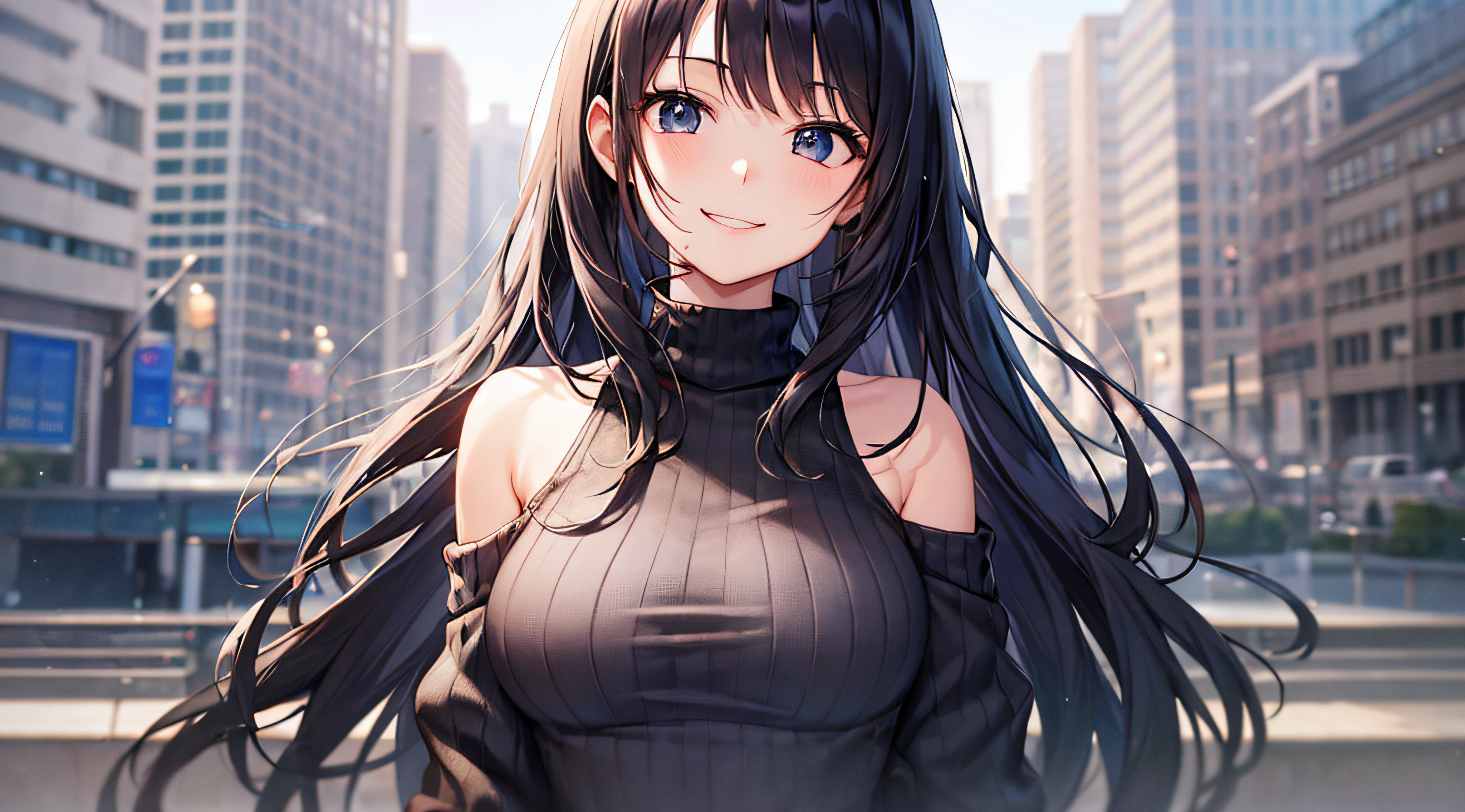 ((Chest Opening Turtleneck Off Shoulder Sweater)) 、 Long black hair with slightly wavy hair、Black eyes、4kpicture quality、Superlative quality、((Top-notch image quality))、Neat and clean girls、beautiful a girl、Anime image quality、Erotic look、Ero、Full body image display、Cute s、Only one girl、cute smile face、((Cheerful smile))、