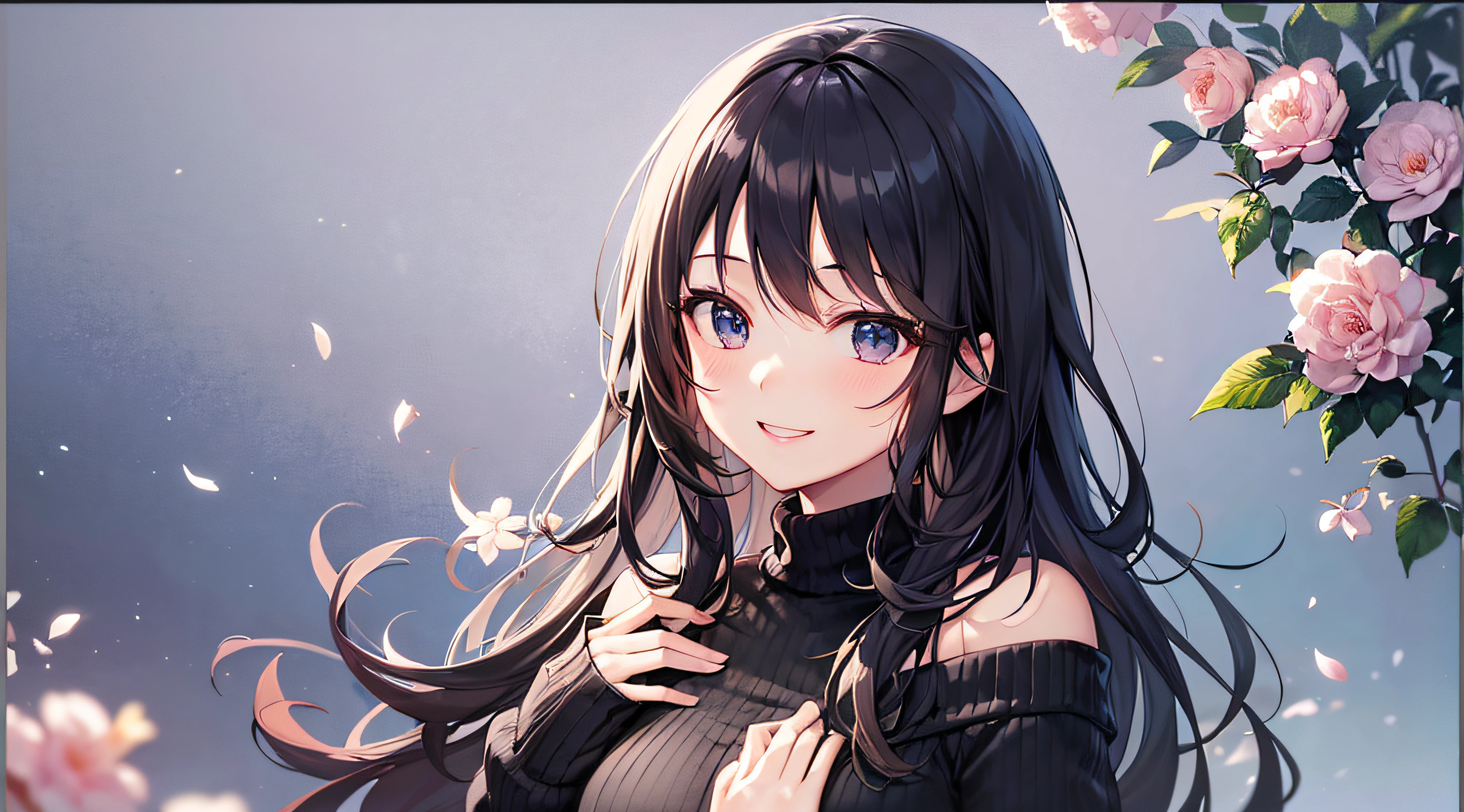 ((Chest Opening Turtleneck Off Shoulder Sweater)) 、 Long black hair with slightly wavy hair、Black eyes、４ｋpicture quality、Superlative quality、（（Top-notch image quality））、Neat and clean girls、beautiful a girl、Anime image quality、Erotic look、Ero、Full body image display、Cute little girl s、Only one girl、cute smile face、((Cheerful smile))、