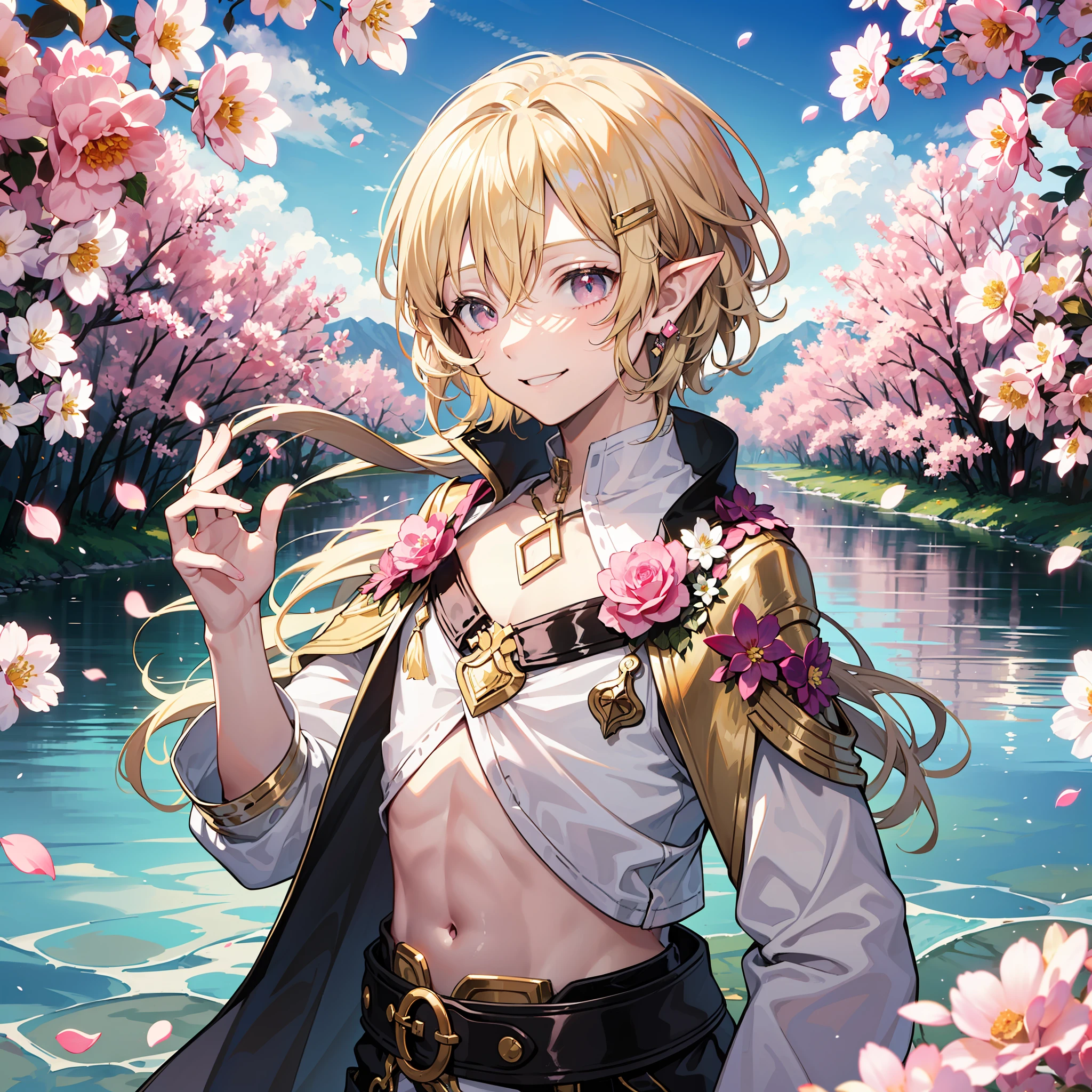 young man, (((male))), (((man))), (((one person))), single, solo, (((very light blonde hair))), (((pink colored eyes))), (medium short hair), wavy hair, slim figure, ((flat chest)), wearing fantasy clothes, fantasy style, (((wearing flowers in his hair))), ((pointy ears)), flowers, sunny weather, smiling, (light pink colored eyes), river in the background, water bubbles floating in the air, white flowers