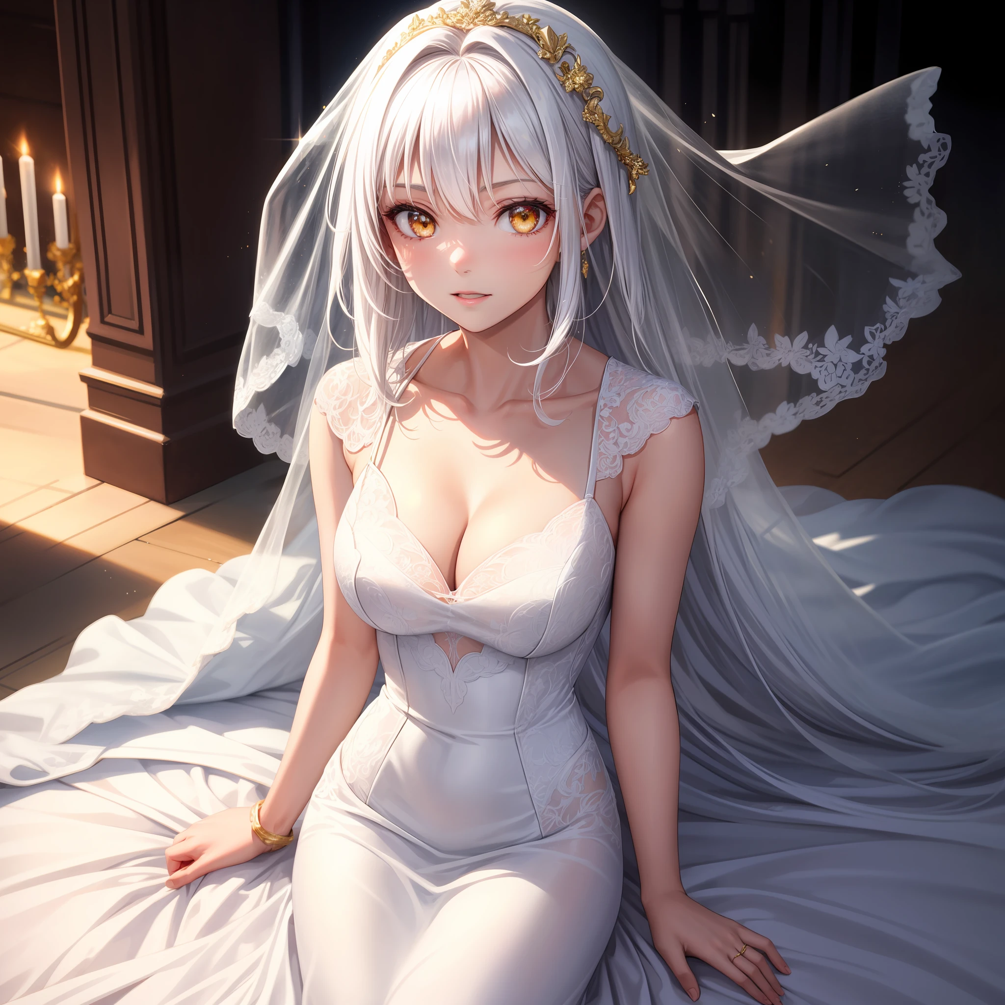 realisticlying，1girl，White hair，Golden eyes，glowing light eyes，wedding gown，