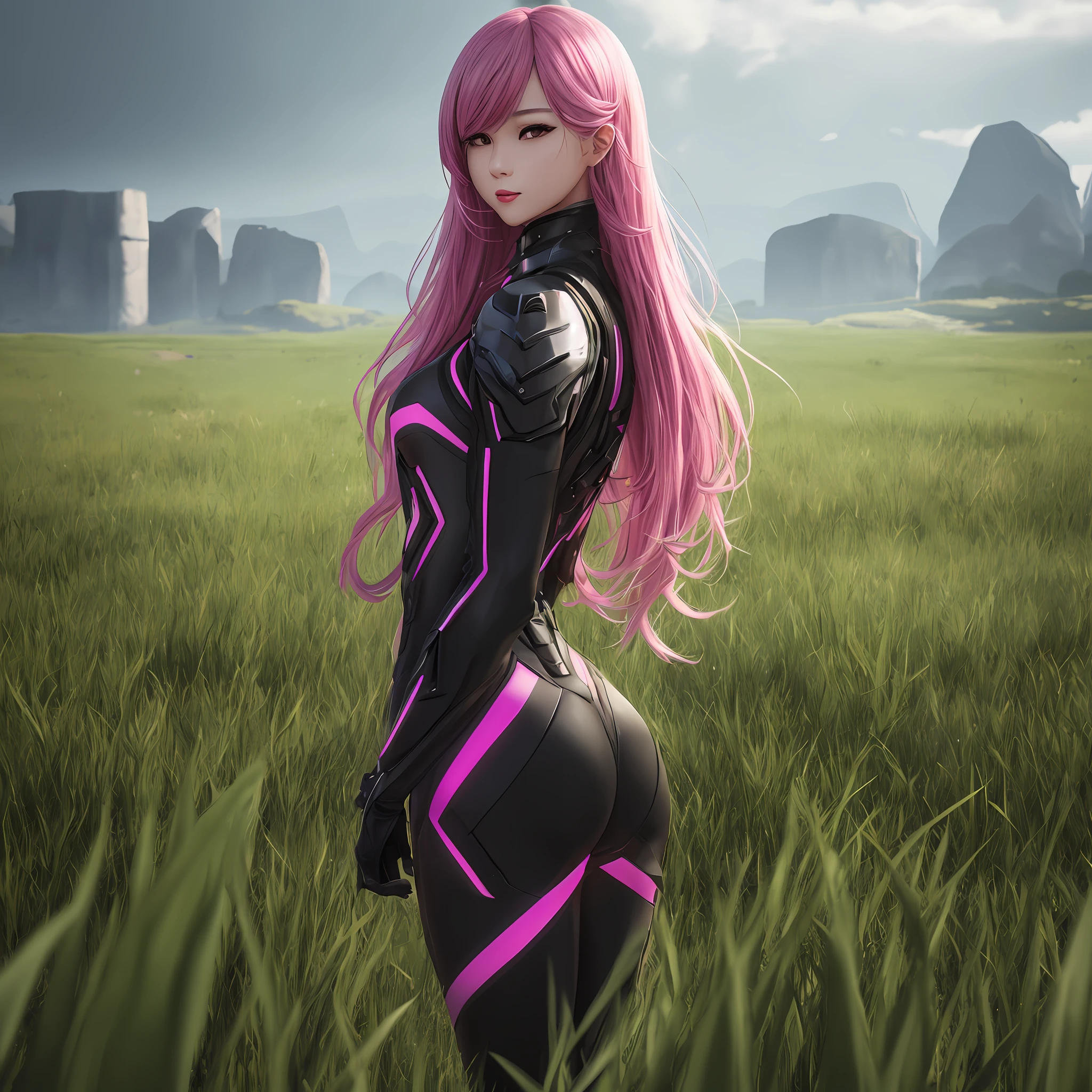 full body picture Unreal Engine 5 8K UHD of beautiful girl, Long colored Japanese hair, wearing futuristic black tight battle suit, half face mask, futuristic neck collar, grass green light details, Best quality, 巨作,Long legs sweet chinese girl,Rainbow hair,Pink lips,frontage,The upper part of the body --auto