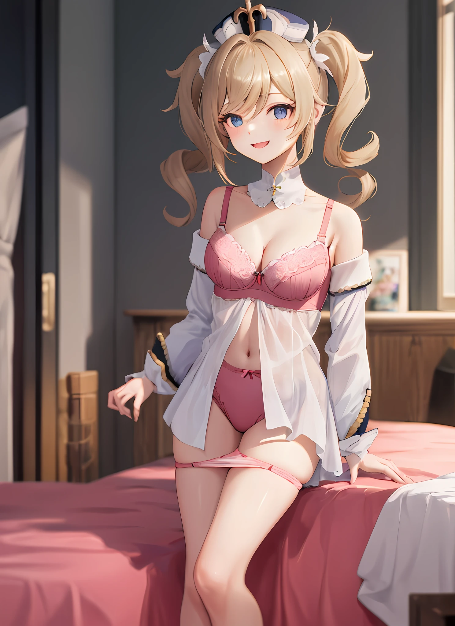 barbaradef,full bodyesbian,ssmile,Be red in the face,inside in room,In the daytime,Bedrooms,fullnude,underdressing,pink Bras,pink panty,looking toward the viewer