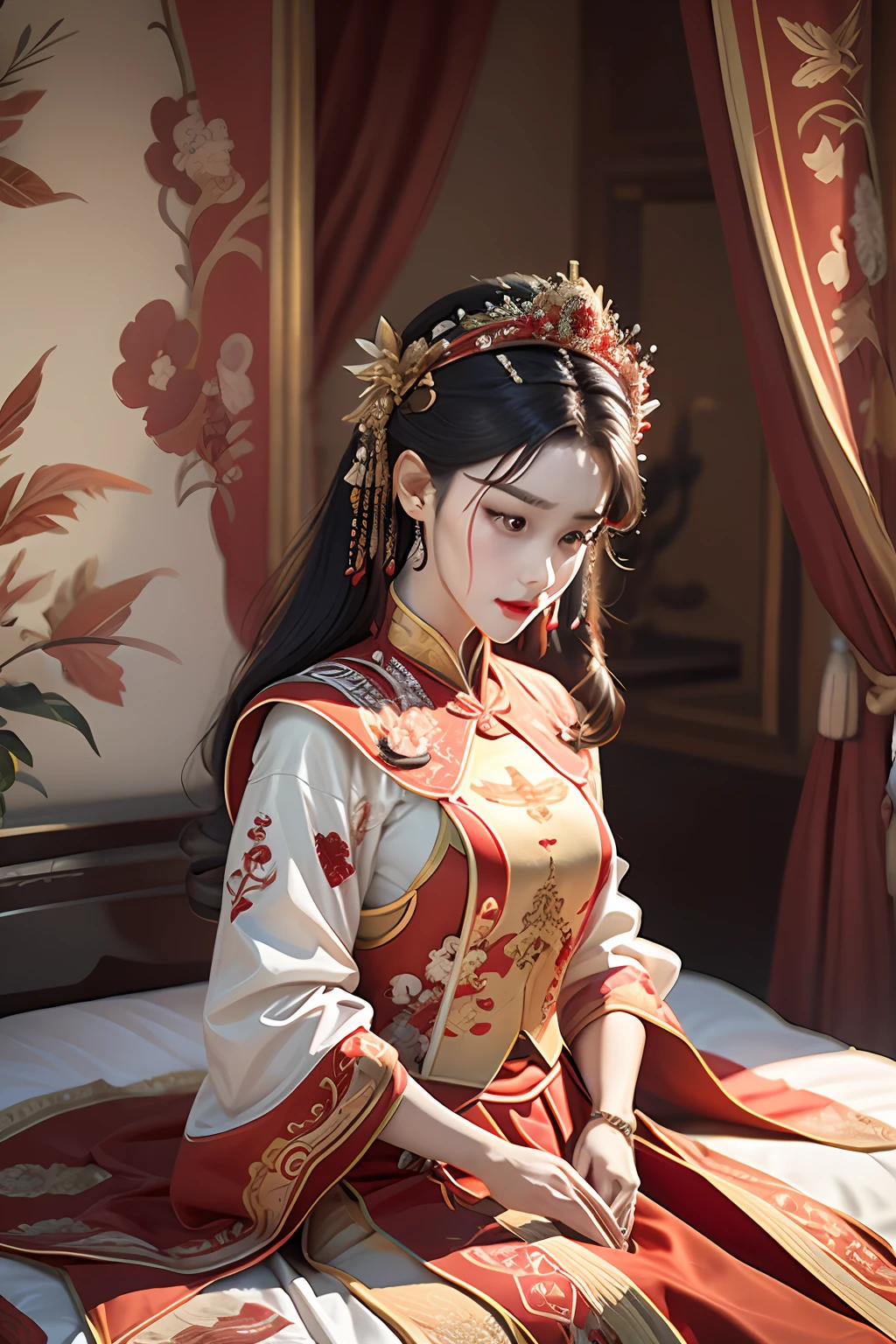 (Best quality: 1.1), (Realistic: 1.1), (Photography: 1.1), (highly details: 1.1), A man wears a red and gold dress，Woman with a crown on her head, A hair stick, (sitting on red bed), Blushing, Shy, black_Hair, crown, Looking down, (2 red candles), Chinese_clothes, Curtains, Earrings, Hair_decorations, Hanfu, interiors, jewelry, Long_Sleeves, Red dress, Redlip, nipple tassels, (Red quilt), (red palace: 1.2), (3DMM: 1.5),mix4,