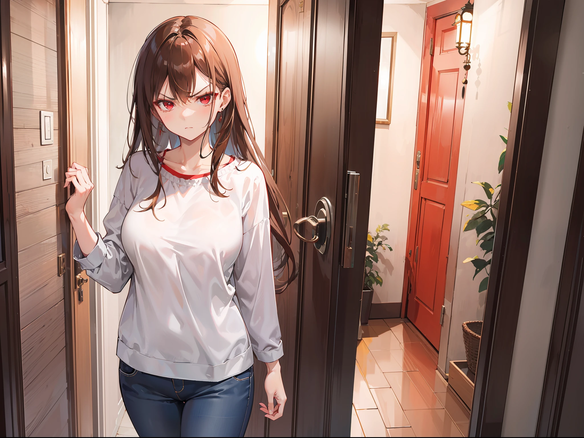 "Warm livingroom, night atmosphere, stunning 4k artwork featuring a confident one milf with long flowing tied brown hair. Her red eyes so charming. She was wearing casual house clothes. She standing before inside door house and looks angry"