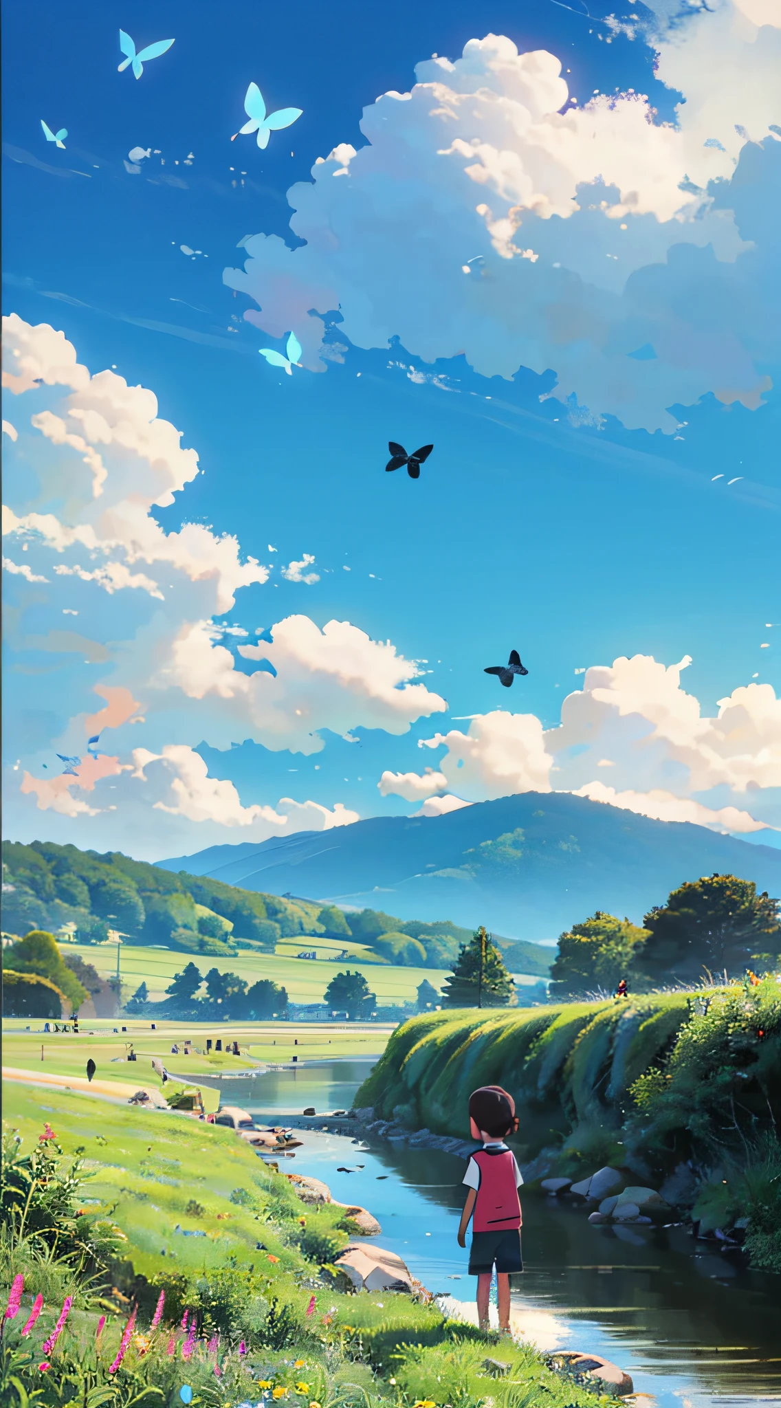 Two looking at the distant landscape, green mountains, clear blue sky, flocks of birds flying in the sky, butterflies around, small rivers around, grass, flowers on the ground, cartoon style, warm colors