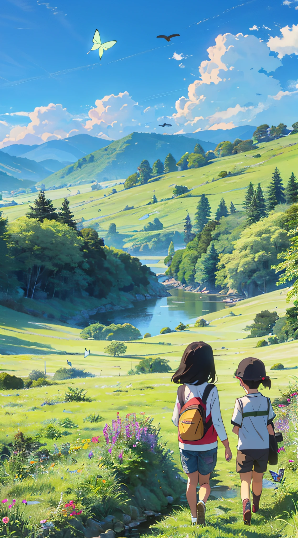 Two children looking at the distant landscape, green mountains, clear blue sky, flocks of birds flying in the sky, butterflies around, small rivers around, grass, flowers on the ground, cartoon style, warm colors