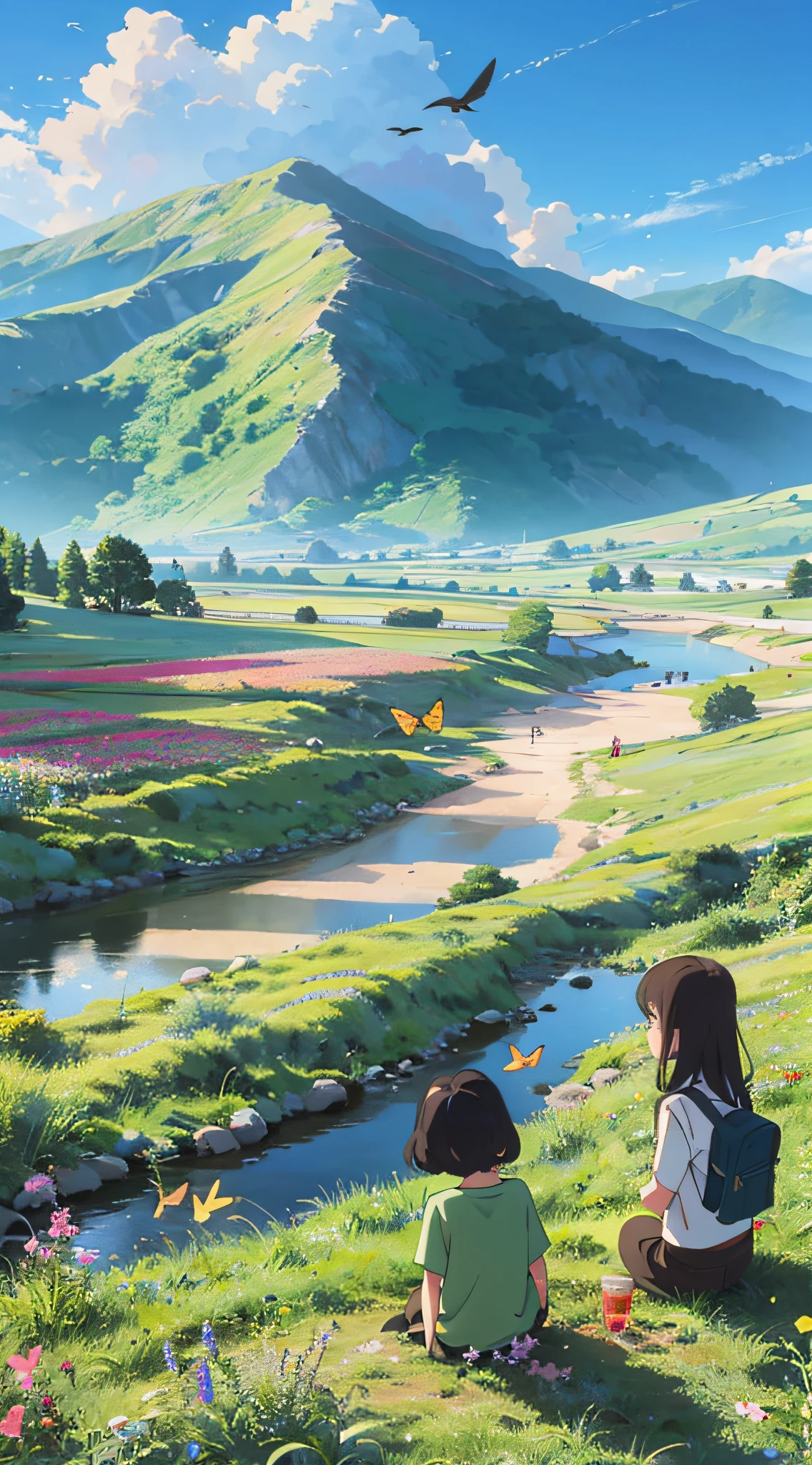 Two children looking at the distant landscape, green mountains, clear blue sky, flocks of birds flying in the sky, butterflies around, small rivers around, grass, flowers on the ground, cartoon style, warm colors