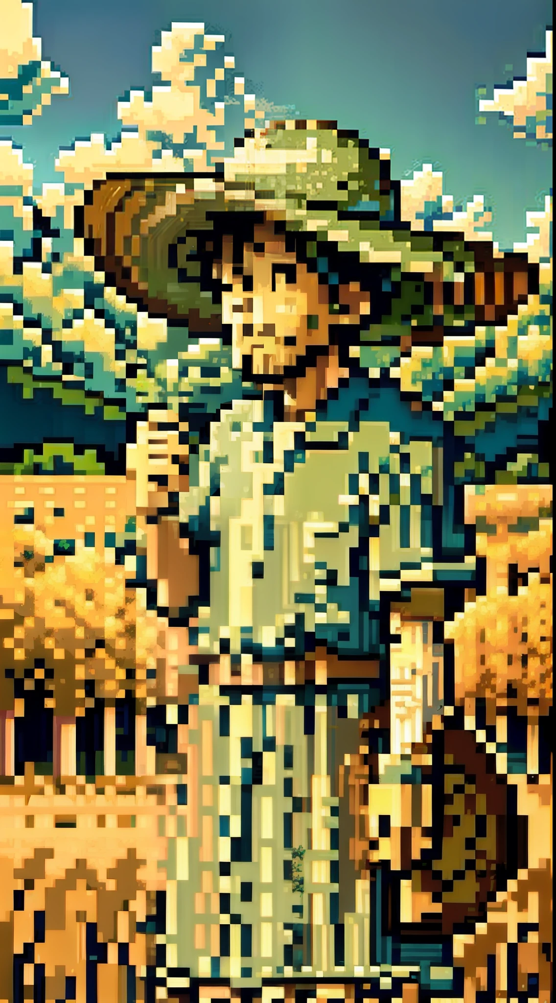 A peasant uncle with a straw hat stands in a wheat field, big clouds, blue sky, rice field, neat rice seedlings in the field, forest, hillside, secluded, countryside, HD detail, hyperdetail, cinematic, surrealism, soft light, deep field focus bokeh, ray tracing and surrealism. --v6