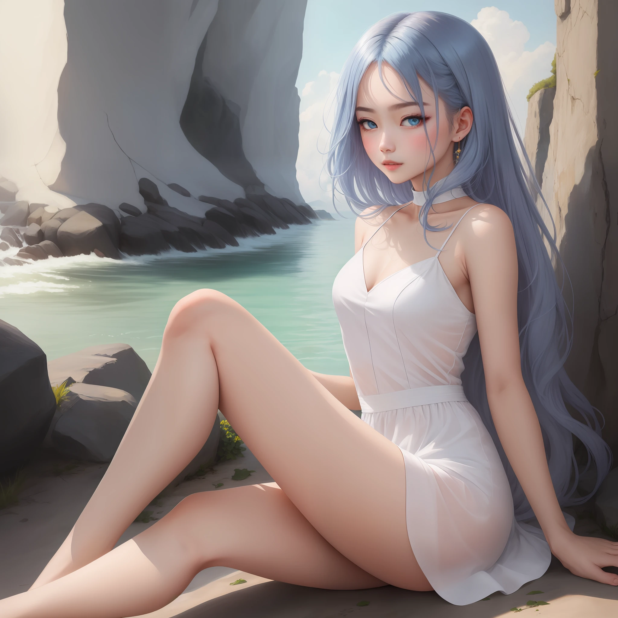 (tmasterpiece:1.1)，best qualtiy， 4K HD，The subject is immersed in a gentle breeze,Thin leg，A face as pink as jade, Enigmatic blue eyes and detailed facial contours，Fair and smooth skin，Long streamlined sky-blue hair slipped from the shoulders ，Set off the seductive little face  ，Wearing a white dress with thin shoulders and slips:1.1，Sit barefoot on limestone。