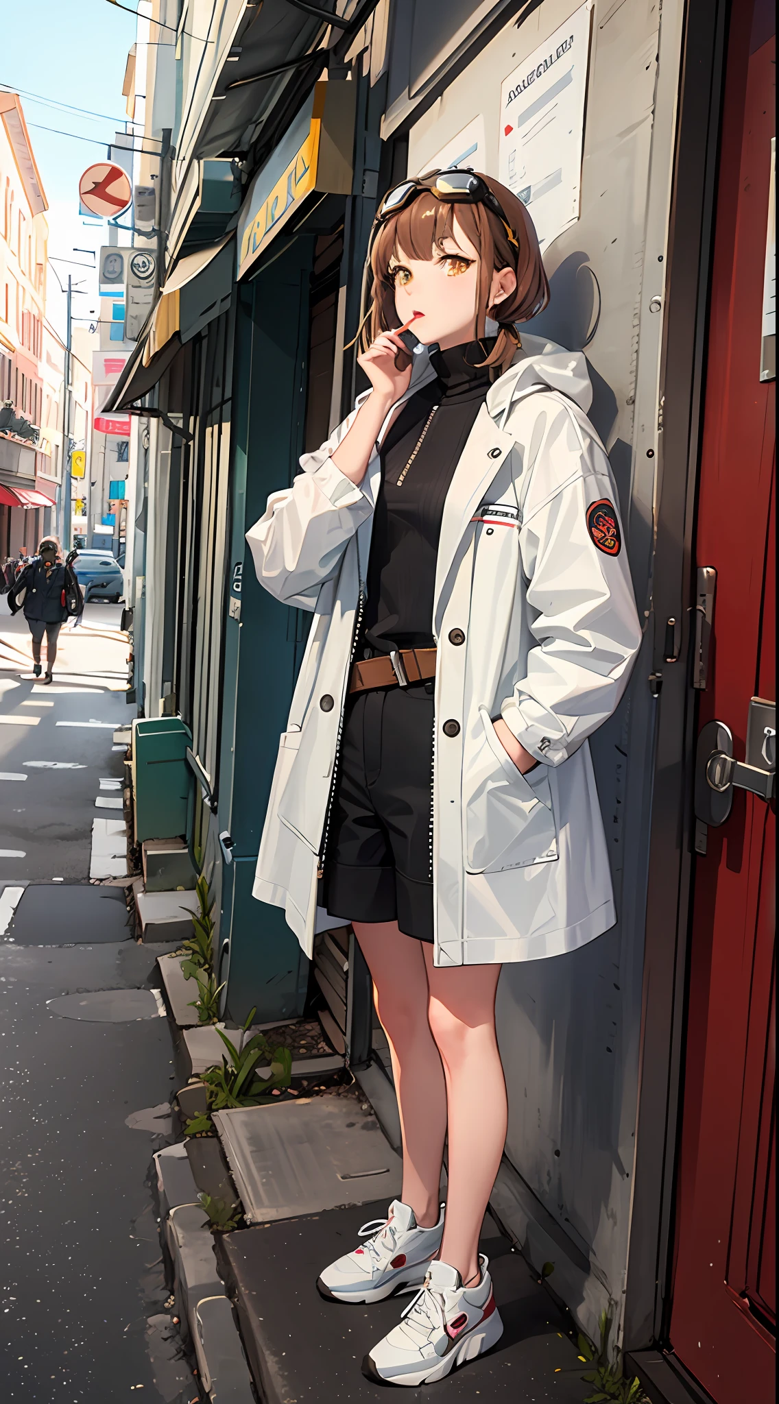 (((masterpiece))), (((best quality))), ((((look up)))), hand in pocket, 1girl, shoes, goggles, gun, weapon, standing, sneakers, twintails, jacket, blonde hair, building, looking at viewer, goggles on head, bag, outdoors, long sleeves, rifle, shorts, full body, bangs, coat, city, backpack, solo, short hair, holding, mask, zipper, yellow eyes, open clothes, white coat, eyewear on head, brown eyes, skyscraper, solo focus, white jacket, hands in pockets, mouth mask, arm up, covered mouth, brown hair, bare legs, high collar, assault rifle, turtleneck,