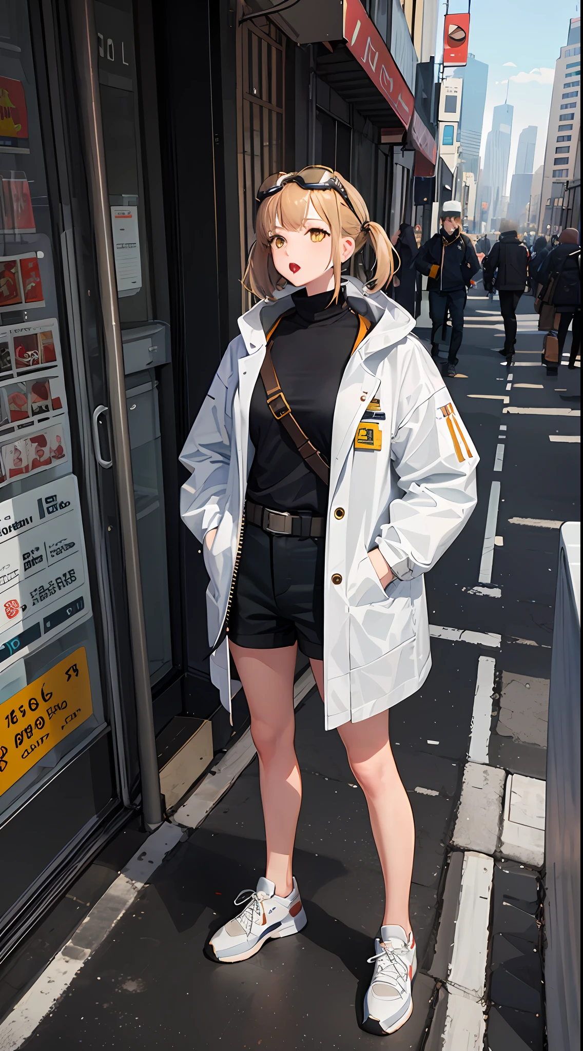 (((masterpiece))), (((best quality))), ((((look up)))), hand in pocket, 1girl, shoes, goggles, gun, weapon, standing, sneakers, twintails, jacket, blonde hair, building, looking at viewer, goggles on head, bag, outdoors, long sleeves, rifle, shorts, full body, bangs, coat, city, backpack, solo, short hair, holding, mask, zipper, yellow eyes, open clothes, white coat, eyewear on head, brown eyes, skyscraper, solo focus, white jacket, hands in pockets, mouth mask, arm up, covered mouth, brown hair, bare legs, high collar, assault rifle, turtleneck,