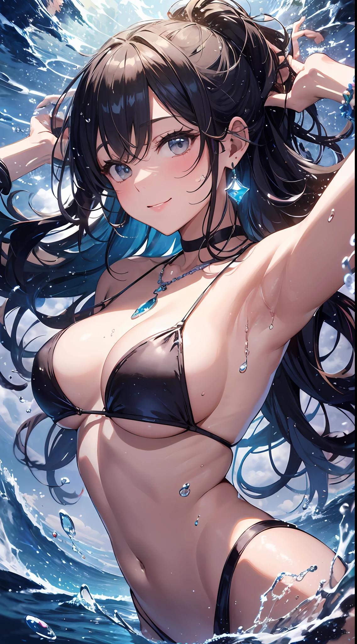 high-detail、masutepiece、fine portrayal、Vivid、absurderes, hight resolution, （Best Beautiful Girl Idol:1.5）, (Lori:1.2), Cowboy Shot, (Tsunami:1.4),Bright micro bikini, frilld, large earring, Gorgeous Necklaces, Gorgeous bracelets, Midsummer blue sky、 (floating water drop), (Water splash), (Water Effects:1.2), Dynamic Pose, Dynamic Angle, from the front side, resplendent smile、red blush、Countless particles of light、cinematic light and shadow、Brilliant kaleidoscope glow、