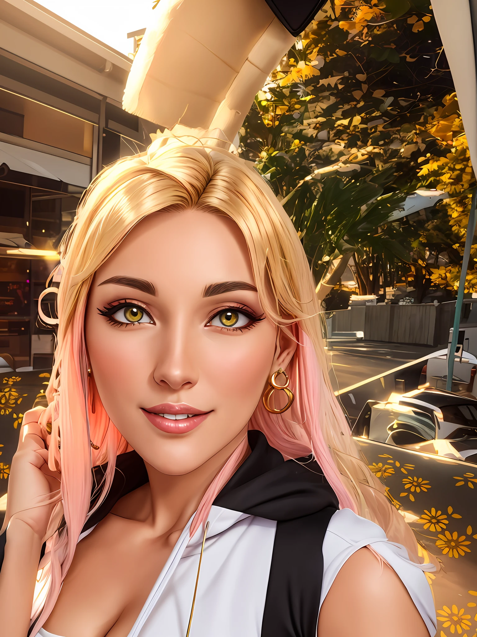 (mature woman:1.3), solo, cute bimbo woman standing in street, spandex leggings, pink hoodie, baseball cap backwards, long white hair, thick lips, gold jewellery, gold loop earrings, pokies, r/eyes, detailed eyes, medium tits, cleavage, best quality ((masterpiece)), (high quality), (best quality), (detailed), hd, perfect lighting, detailed face, detailed body,