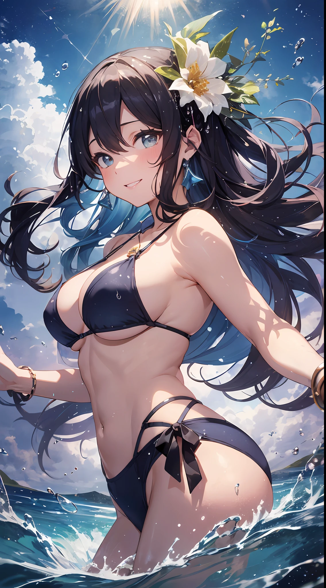 high-detail、masutepiece、fine portrayal、Vivid、absurderes, hight resolution, (Best Beautiful Girl Idol:1.5), (Lori:1.2), Cowboy Shot, (Tsunami:1.4),Bright micro bikini, frilld, large earring, Gorgeous Necklaces, Gorgeous bracelets, Midsummer blue sky、 (floating water drop), (Water splash), (Water Effects:1.2), Dynamic Pose, Dynamic Angle, from the front side, resplendent smile、red blush、Countless particles of light、cinematic light and shadow、Brilliant kaleidoscope glow、