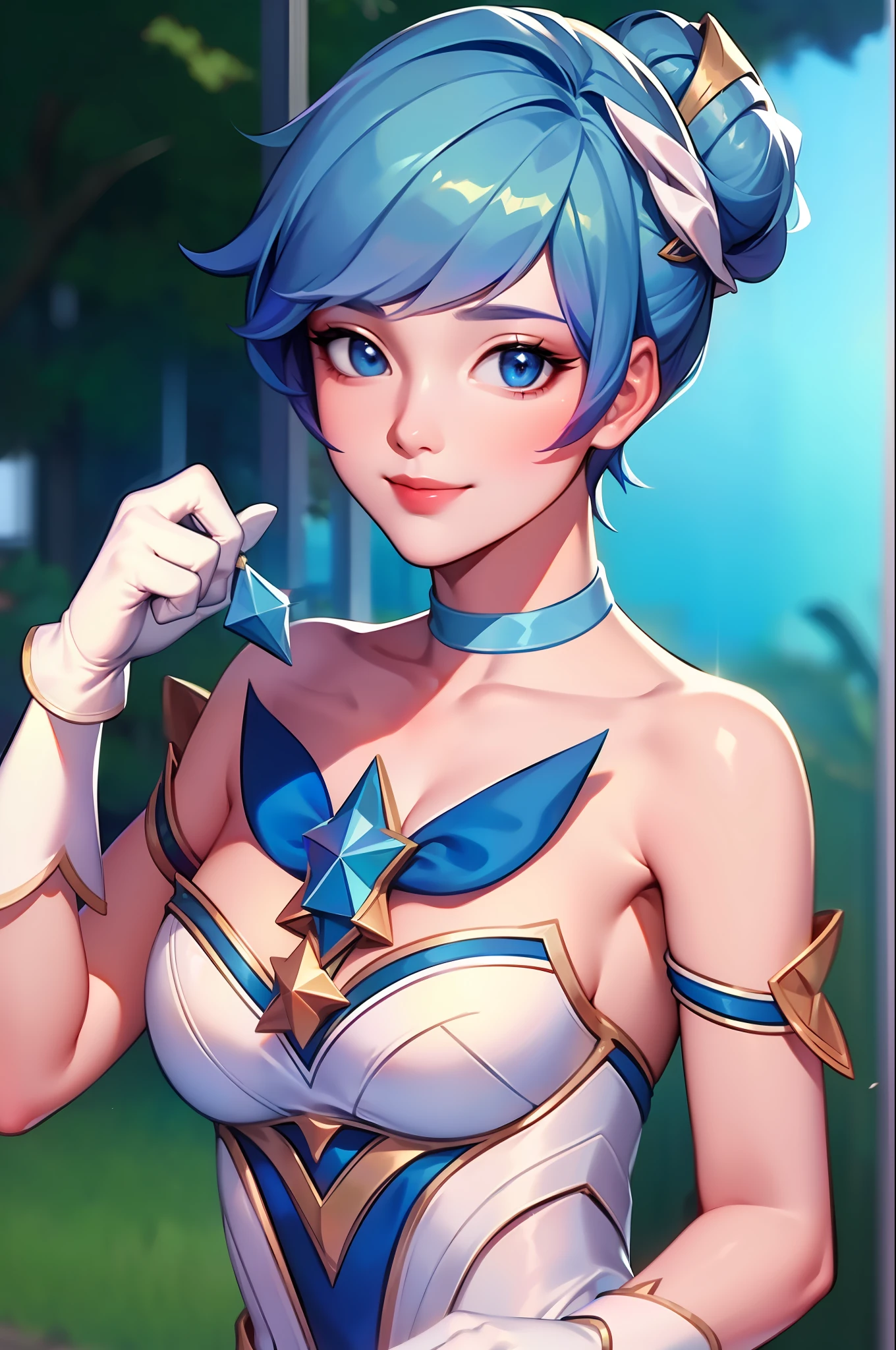 (Masterpiece:1.4), (best quality:1.2), star guardian orianna, blue hair, hair bun, ballerina, short dress, white gloves, smile, upper body, potrait