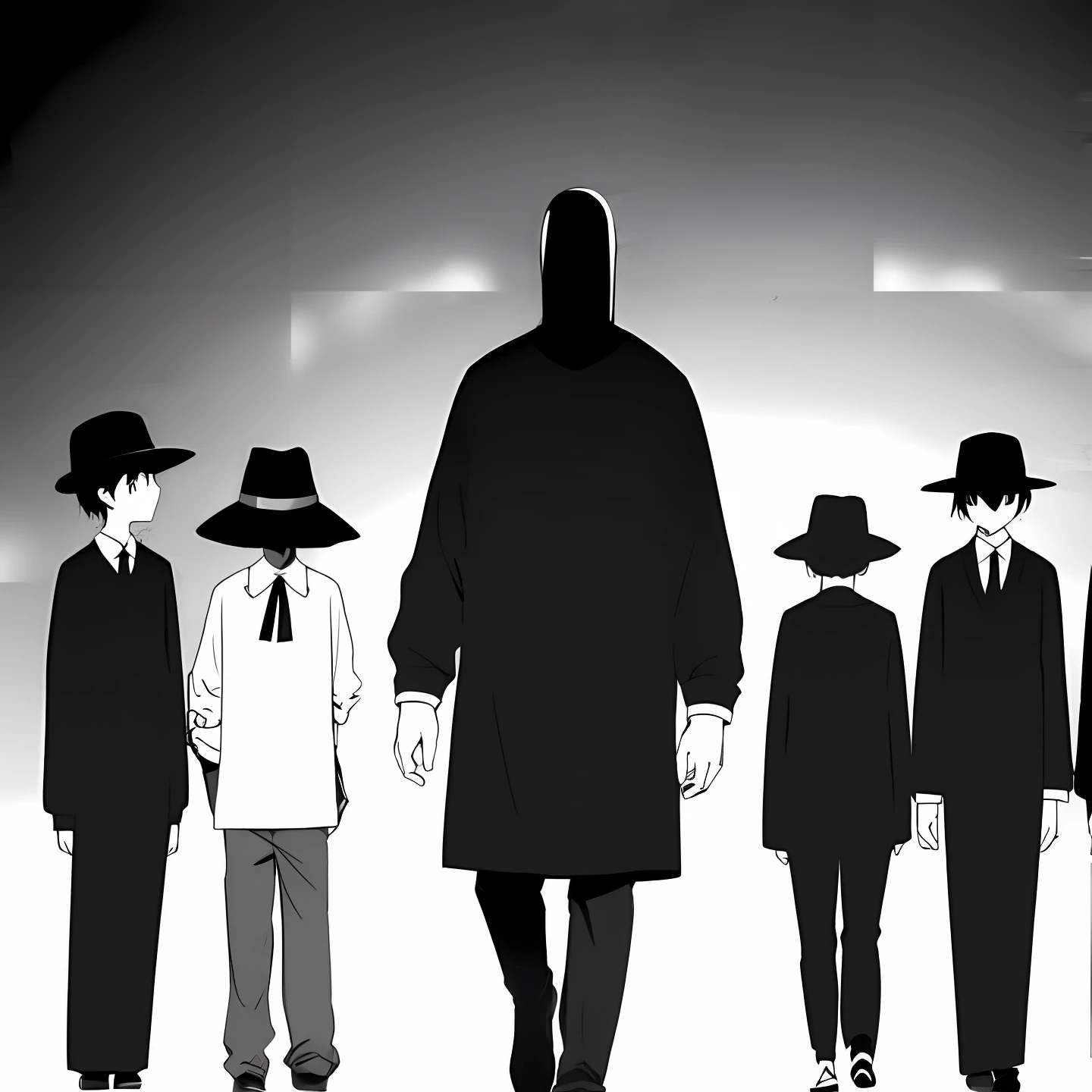 black in color,wearing hat,stickfigure,male people,black andwhite,with no face