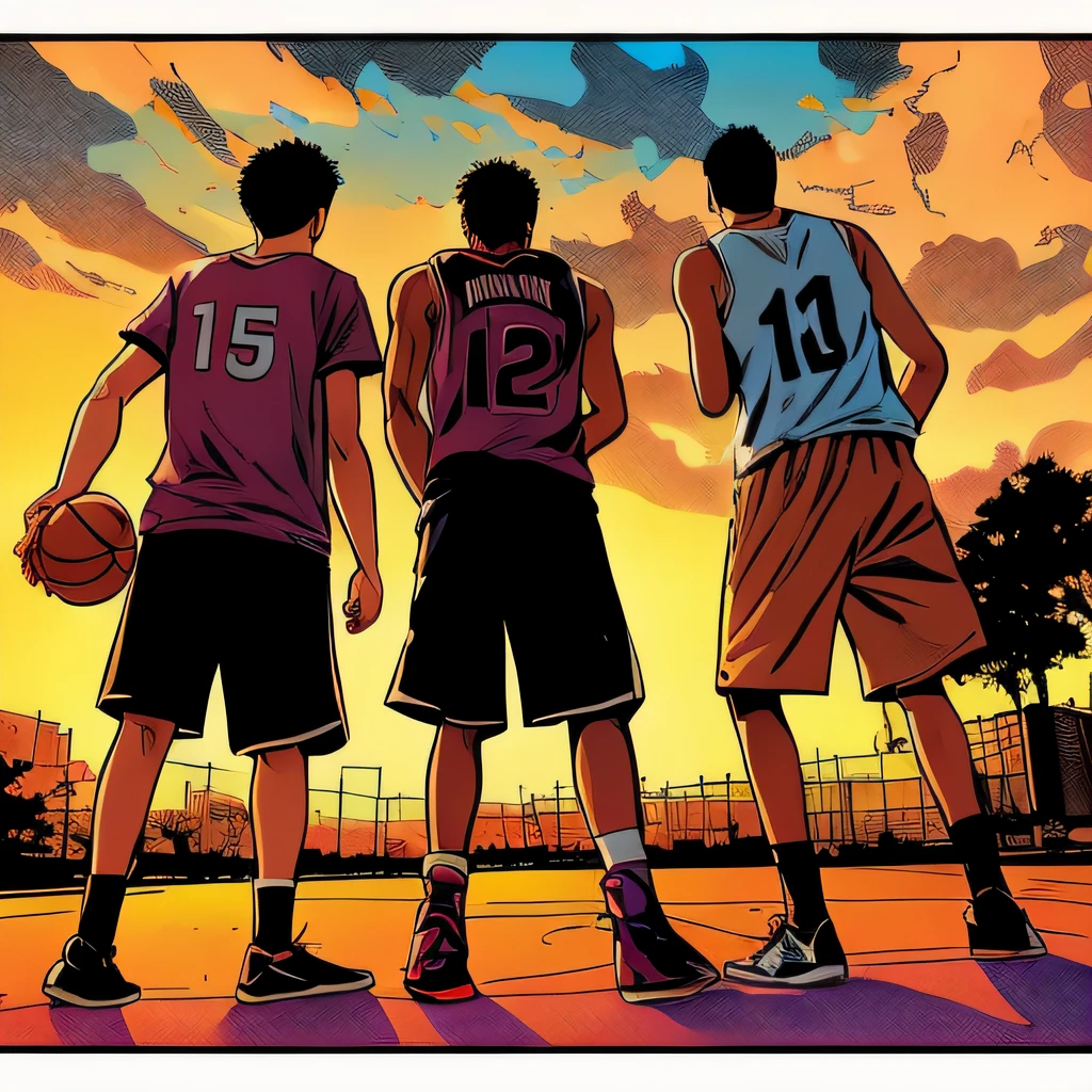 Three young men stood on the basketball court with their backs to each other，One of them was holding a basketball，The right basketball hoop, inspired by Tim Doyle, author：Tim Doyle, scence of slam dunk, comic book panel, comic book panel, author：Craig Thompson, author：greg staples, author：Brad Holland, author：Frank Mason, style of graphic novel, colored manga panel, Slam Dunk, author：asaf hanuka, color spread, author：Brian Thomas，Extremely high quality