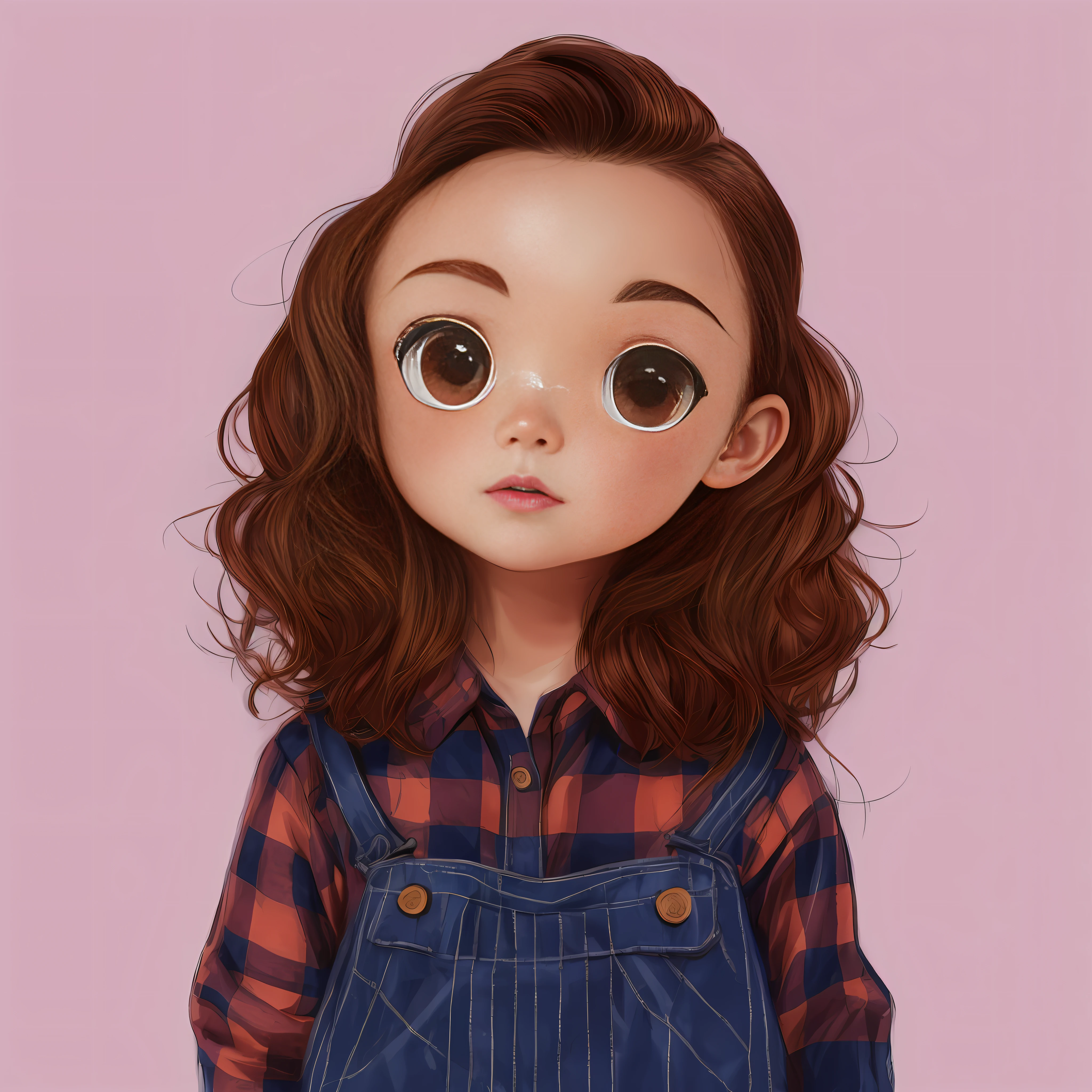 a cartoon girl with brown hair and a plaid shirt, chucky style, Cartoon Art Style, carismatic, Cartoon style illustration,cartoon portrait of,