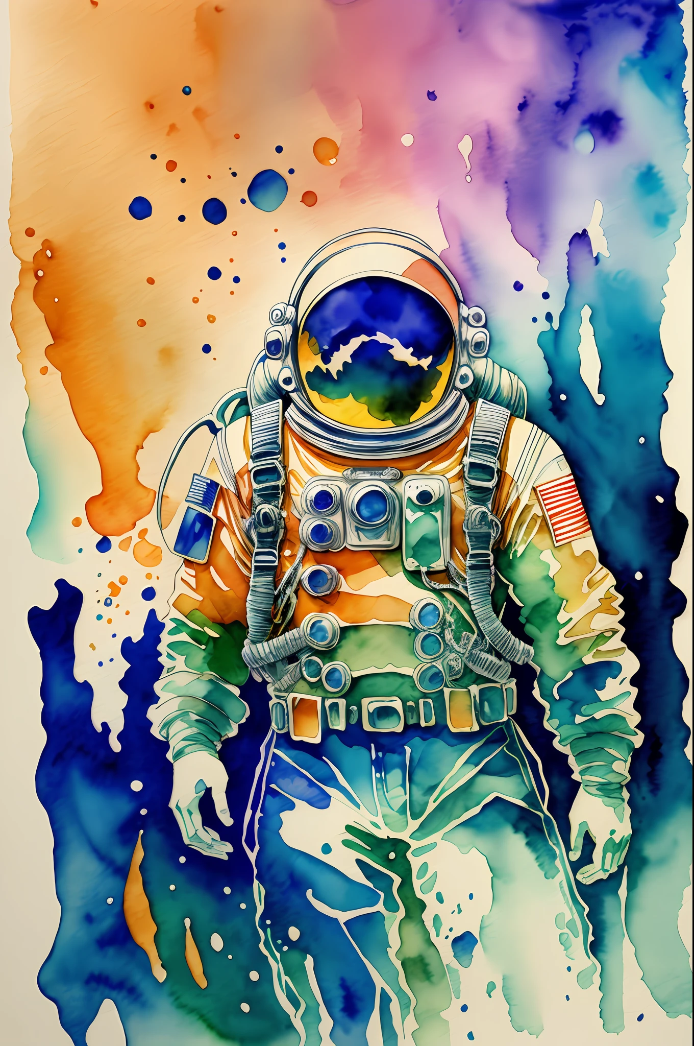 Space diver ink painting, watercolor, A detailed painting. Vivid colors. High picture quality, highly detailed, digital painting, high quality, Deep rich colors, intricate details, dramatic lighting. --auto --s2