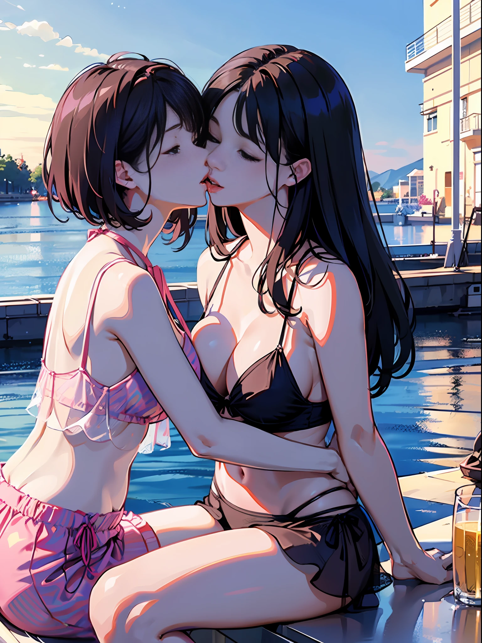 masutepiece,hyper quality, Hyper-detailing,Perfect drawing,nffsw,3D,8K,illustratio、Hi-Res、(((Two beautiful girls)))、(The bikini）、(tank top bikini)、Light blue hair、Pink hair、(Sitting on the breakwater)、Close your eyes、((French Kissing))、Horizon、shores、Back lighting、Sparkling water surface、beatiful backgrounds、Accurate drawing、Detailed drawing