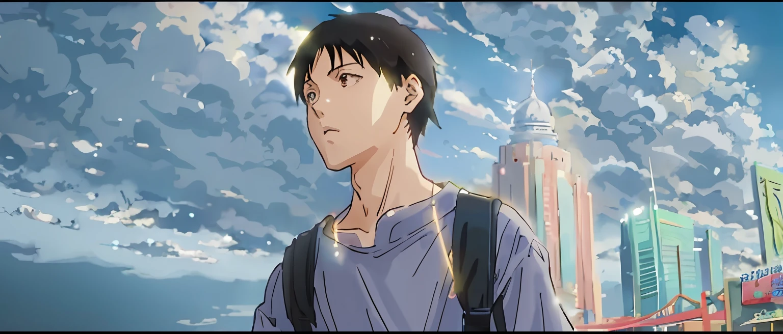 Anime characters with backpack and city background, kentaro miura manga style, kentaro miura manga art style, manga style of kentaro miura, in the anime film, Makoto shinkai style, in the style of makoto shinkai, screenshot from the anime film, makoto shinkai art style, Makoto Shinkai's style